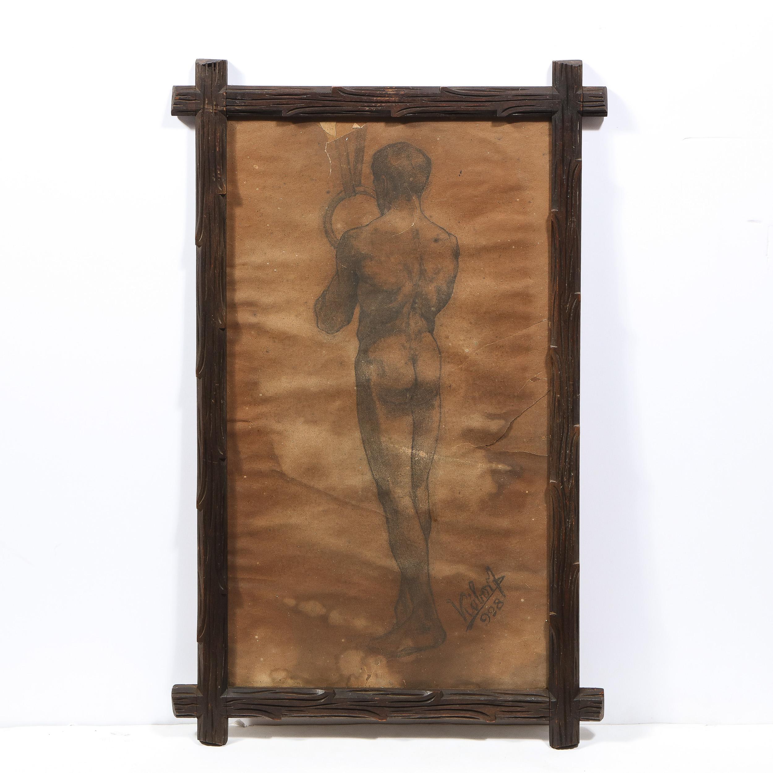 Untitled Nude Male Diptych, Charcoal/ Graphite on Parchment by Henrik Kóbor  - Art Nouveau Art by Henrik Kobor