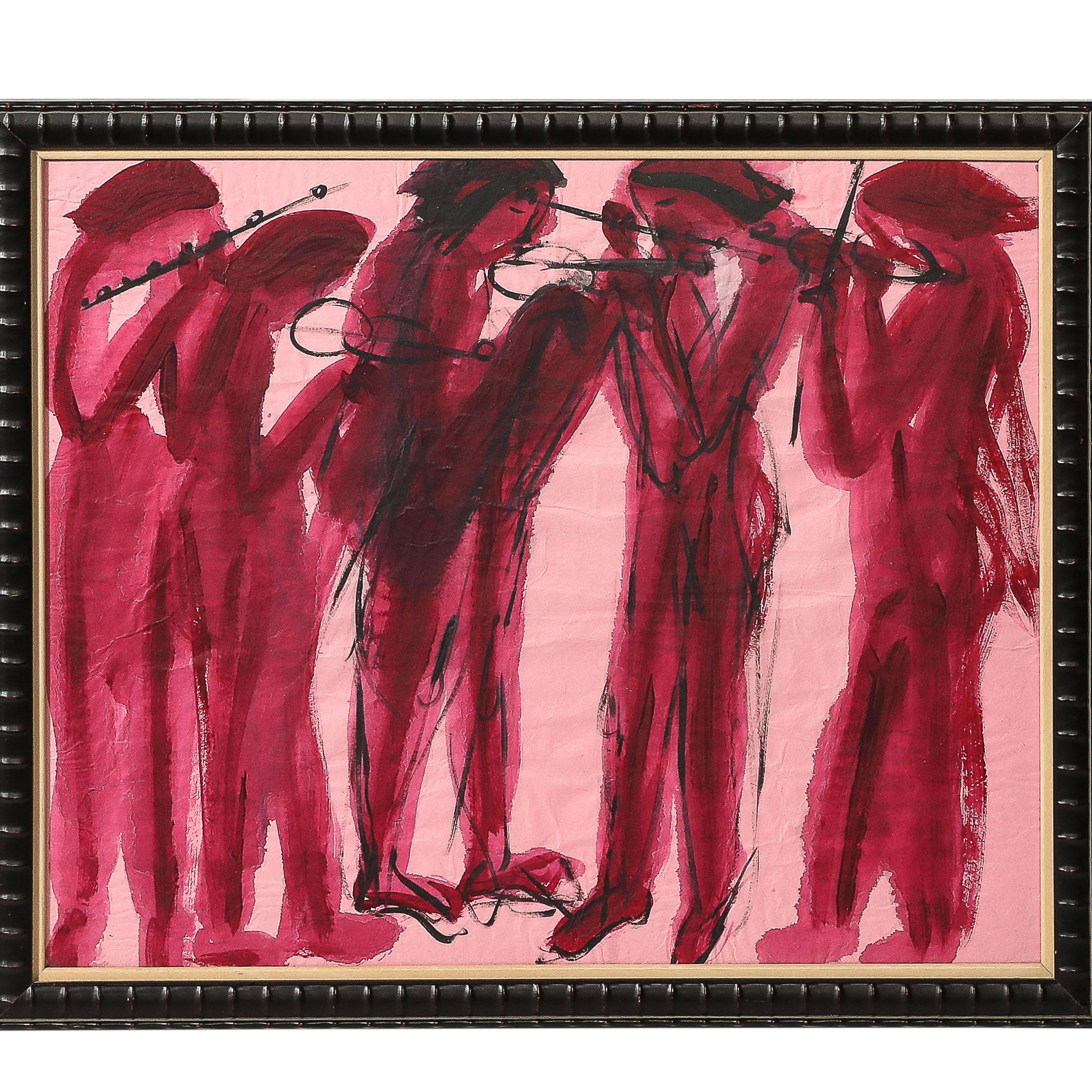 Mid-Century Modernist Figural Landscape in Watercolor on Paper of Musicians - Art by Unknown