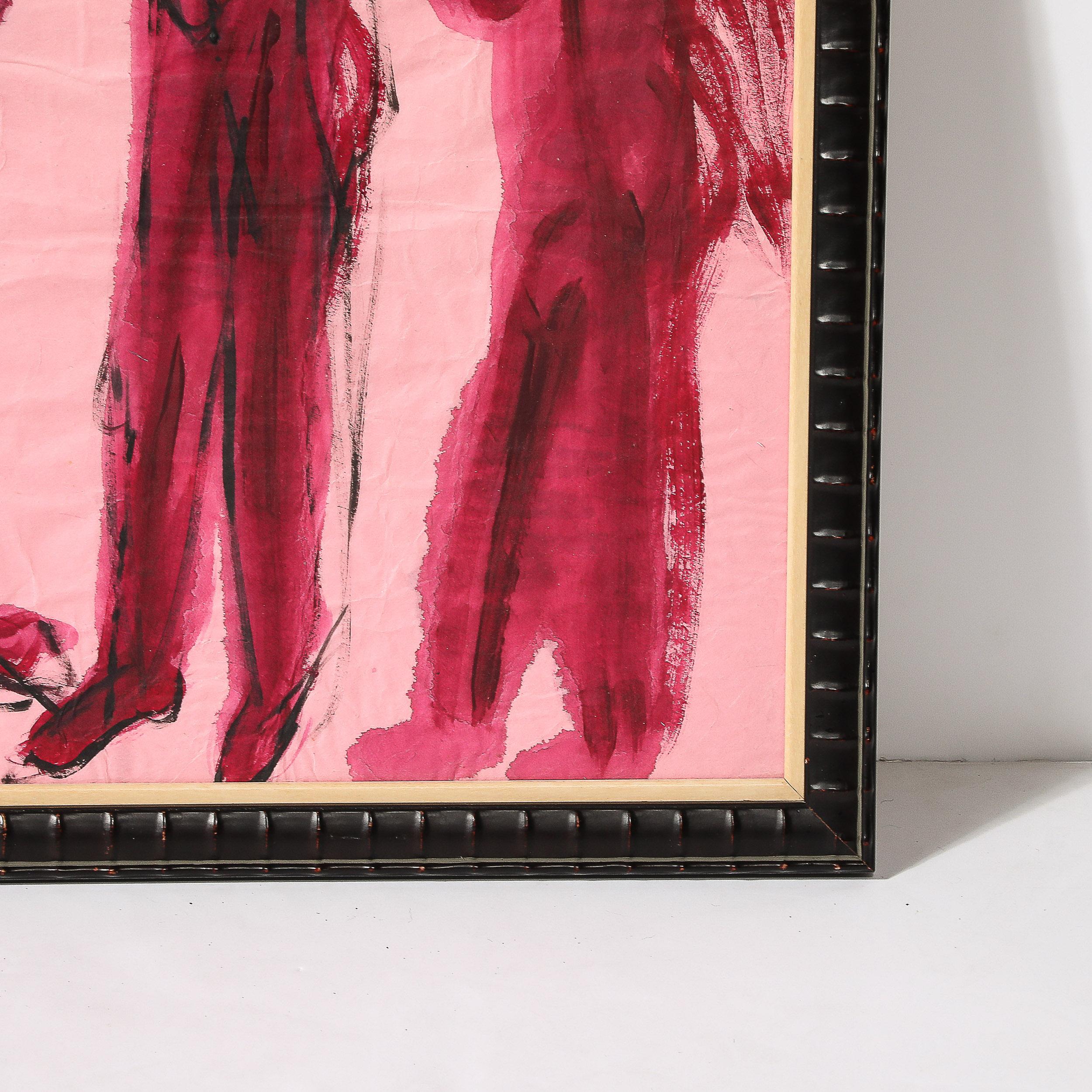 This lively Mid-Century Modernist Figural Landscape in Watercolor on Paper of Musicians originates from France during the 20th Century. Features five figures playing a variety of instruments standing in the foreground, depicted in large flowing