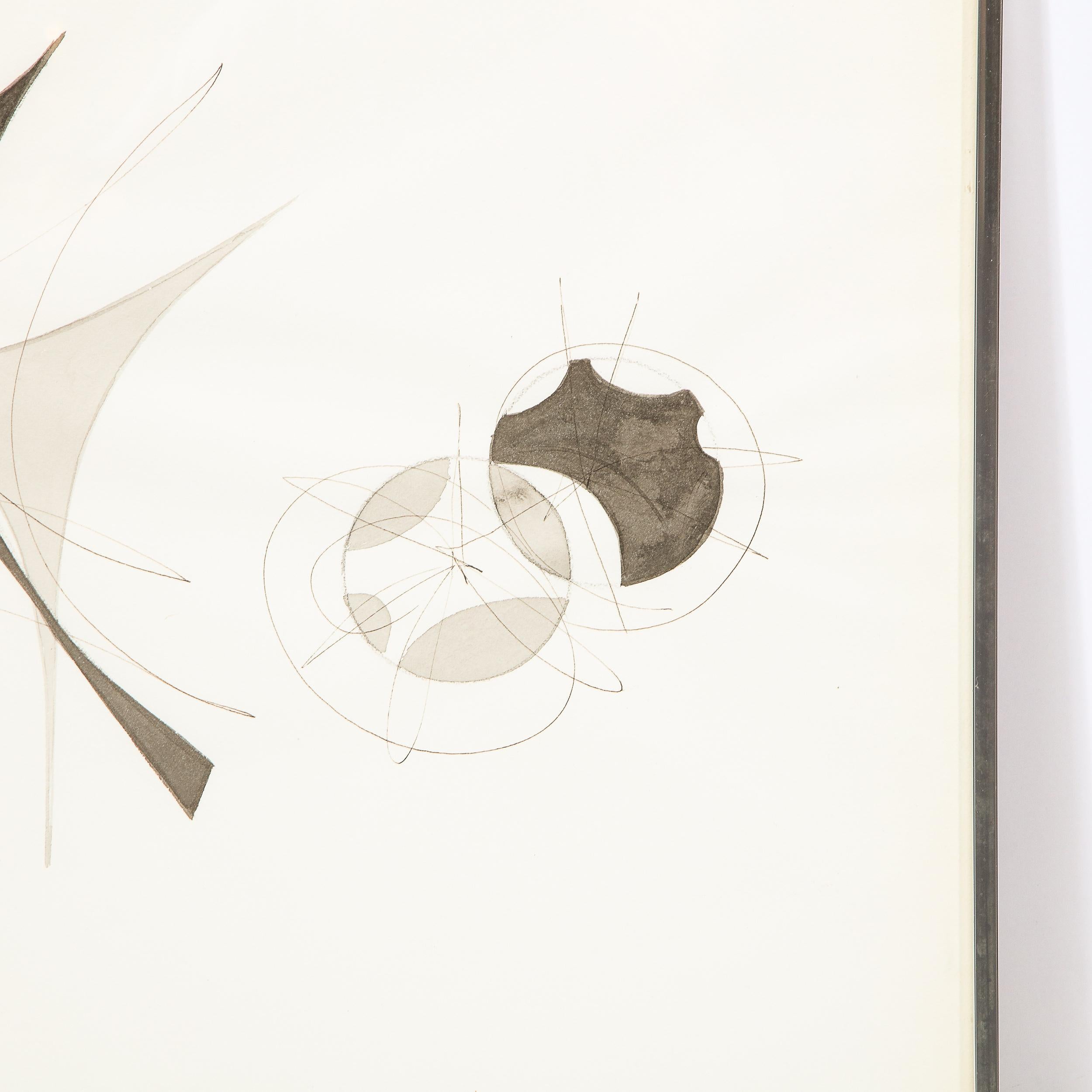 This elegant ink on paper work was realized by the esteemed 20th century American artist Sacha Kolin, circa 1970. The work features amorphic and atomic forms with curvilinear expressionistic detailing in grisaille tones against a white background.