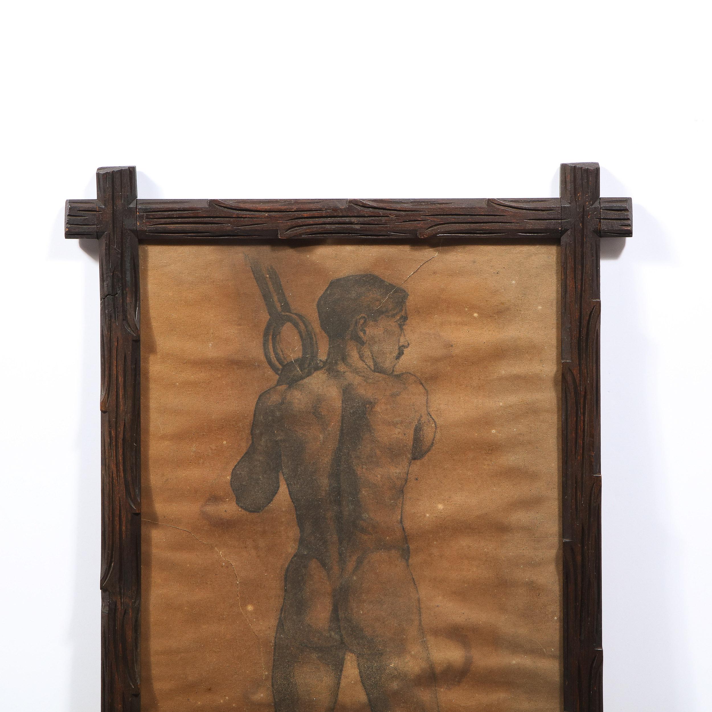 This refined art nouveau diptych was realized in Hungary in 1908/1909 by the famed artist of the Austro-Hungarian artist Henrik Kóbor. It features two rectangular panels each offering male nude figures rendered in charcoal and graphite on parchment.
