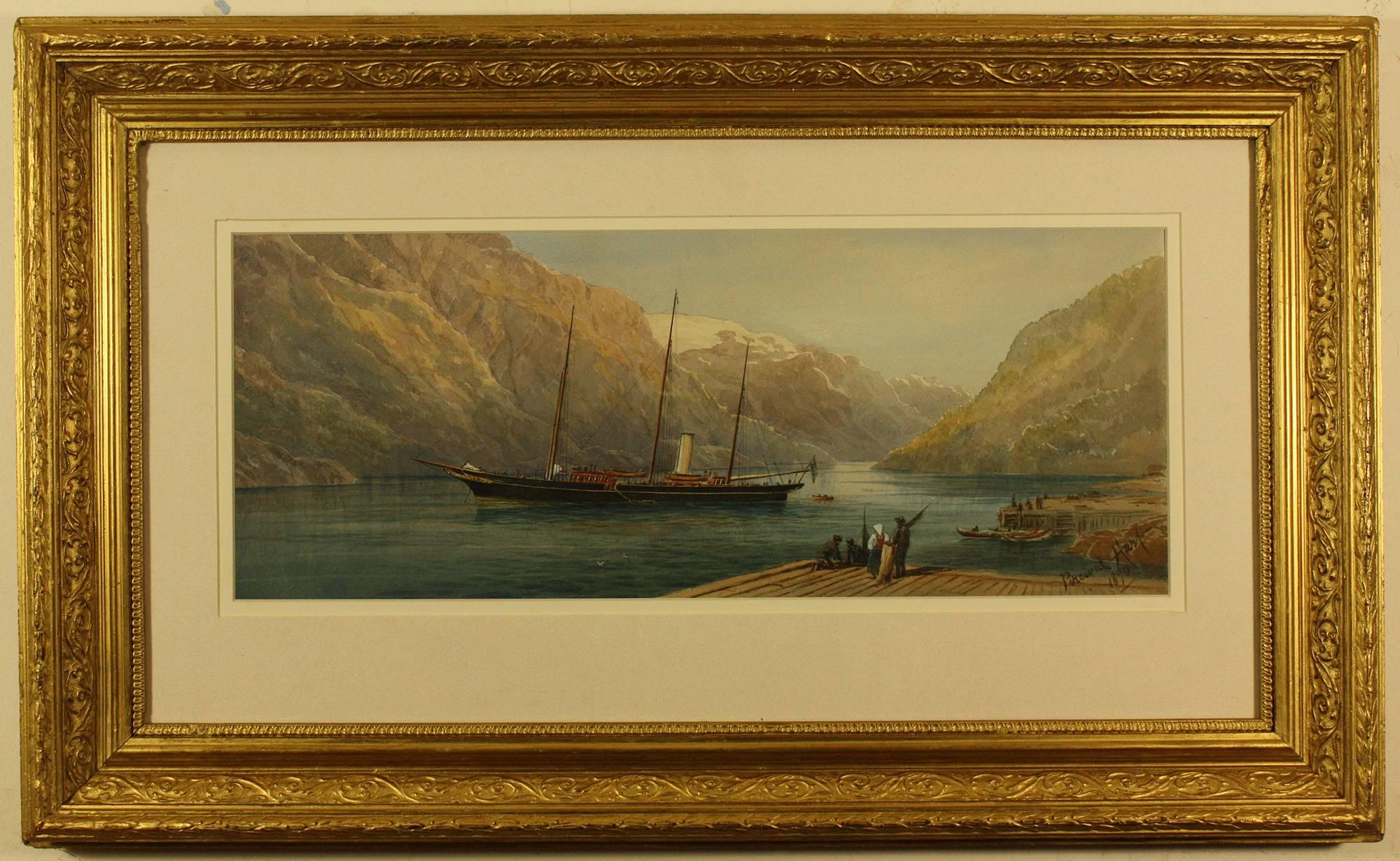 Boat on the Hardanger Fjord at Odda, Norway by Horace Percival Hart 
Image Size 19.75 ins by 7.75 ins
Overall frame size 29 ins by 17.5 ins
Horace Percival Hart
Born 1865 Falmouth, Cornwall
Died 18 Jan 1896, Polbrean, Landwednack, Cornwall
2nd son