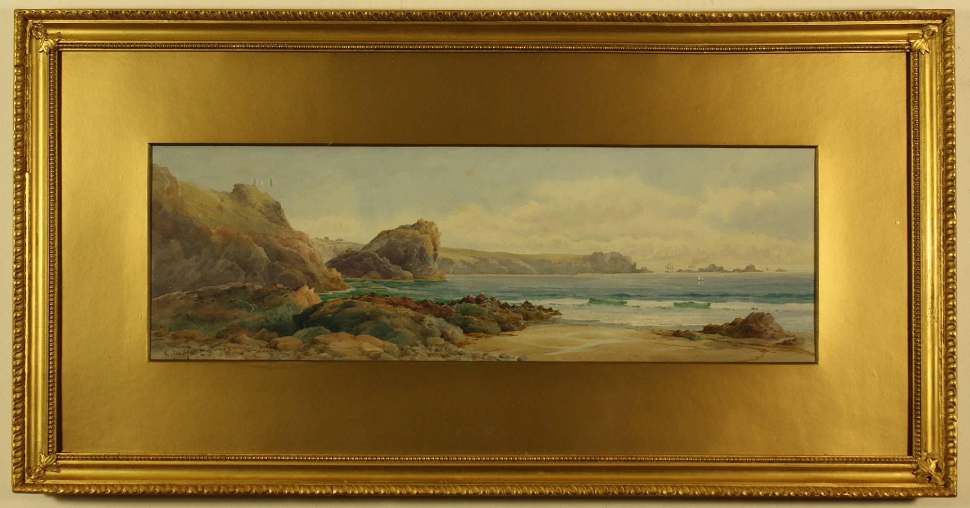 Lion Rock and the Lizard Point from Kynance Cove by Claude Montague Hart 

Watercolour Original Glass Frame and Mount
Image Size  20.5 ins by 6.5 ins
Overall Frame Size 28.75 ins by 15 ins
Claude Montague Hart
Born 1869 The Lizard Cornwall, Died