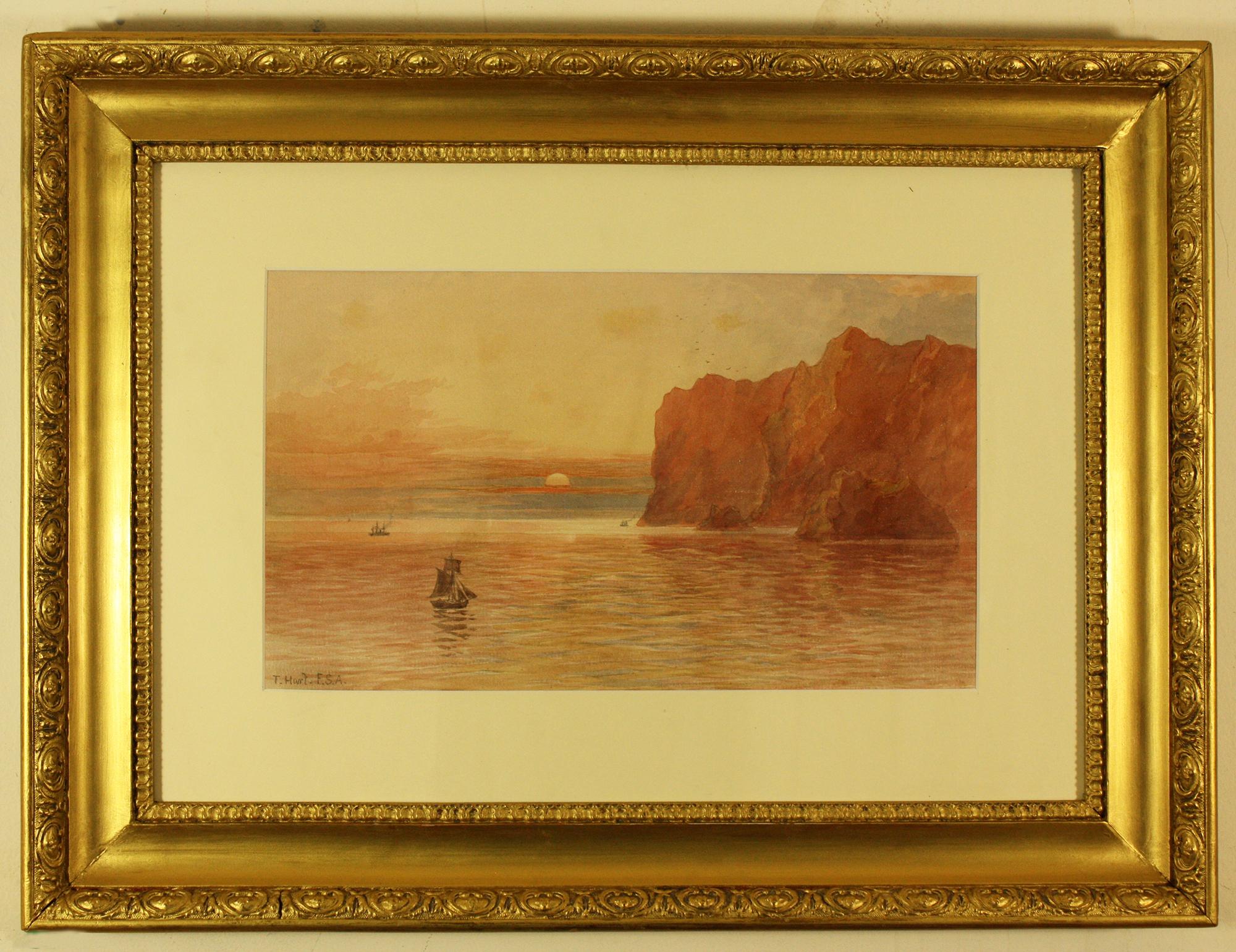 The Vro and Gull Rock, Mullion’by Thomas Hart F.S.A 
Original Frame New Mount and Glass
Image Size   8.5 ins by 14.5 ins
Thomas Hart 
Born 1830 Crowan Cornwall, Died 1916 The Lizard, Cornwall
Thomas was a prolific painter in watercolours and oil, he