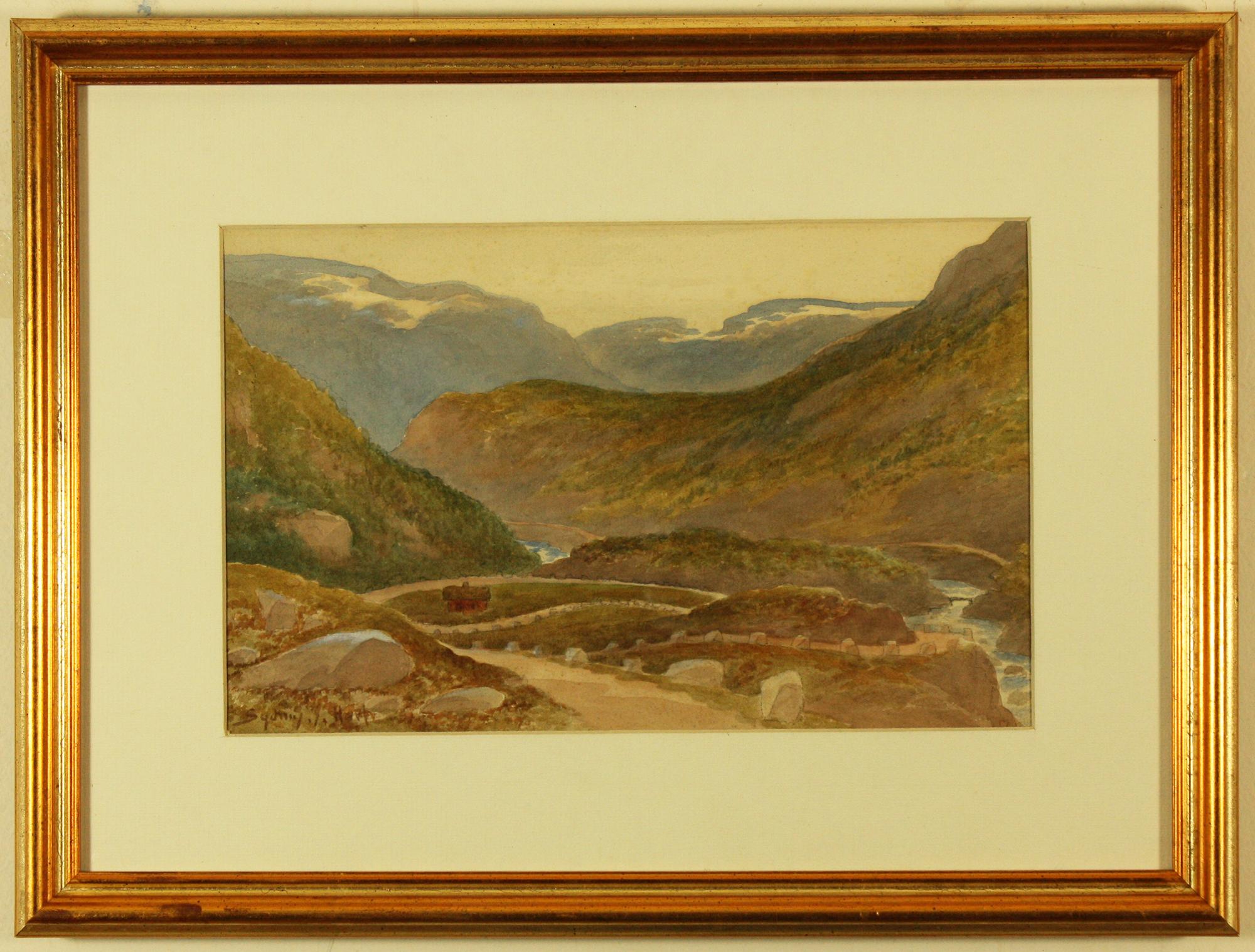 Odda Countryside by Sydney Ernest Hart
Watercolour
Image Size  6.25 ins by 10 ins
Overall Frame Size  11.5 ins by 15.5 ins

Sydney Ernest Hart
Born 1867 The Lizard, Cornwall. Died 1921 Bergen, Norway
Sydney was the 4th child of Thomas Hart the