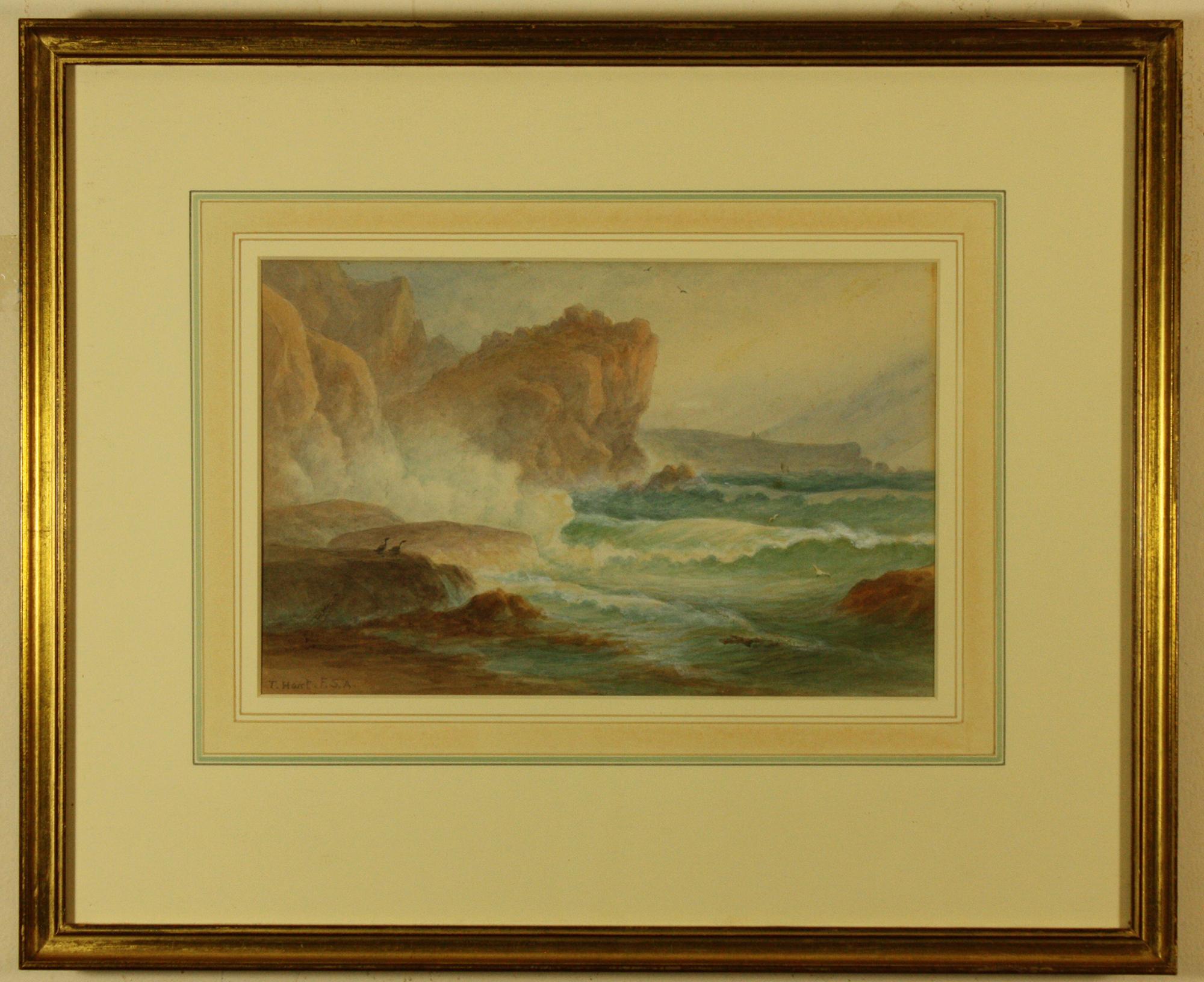 Lion Rock and the Lizard from Kynance Cove by Thomas Hart FSA
Watercolour
Image Size  9.75 ins by 6.25 ins
Overall Frame Size  13.75 ins by 16.75 ins

Thomas Hart 
Born 1830 Crowan Cornwall, Died 1916 The Lizard, Cornwall
Thomas was a prolific