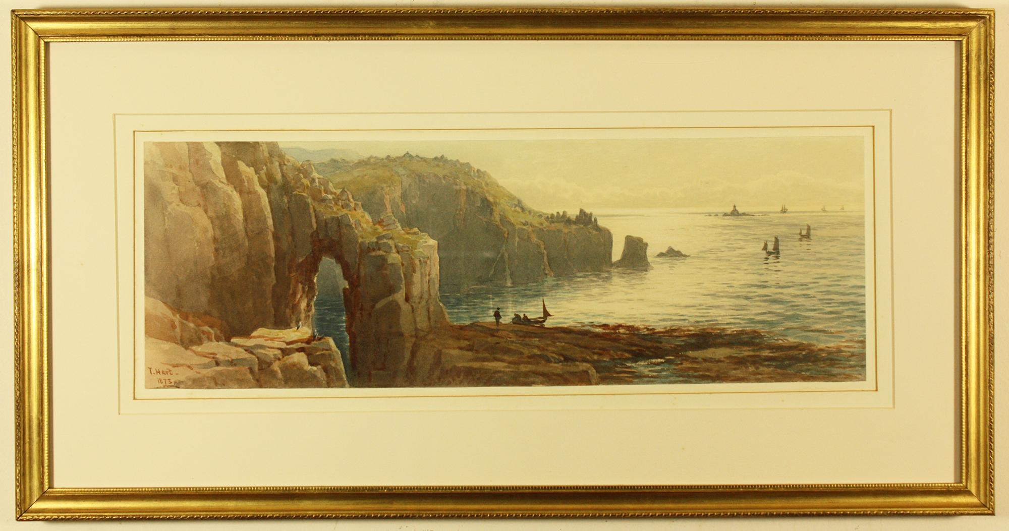 Gamper Arch and the Longships Light House by Thomas Hart FSA
Watercolour
Image Size  6.75 ins by 19.5 ins
Overall frame Size  14 ins by 26.75 ins

Thomas Hart 
Born 1830 Crowan Cornwall, Died 1916 The Lizard, Cornwall
Thomas was a prolific painter