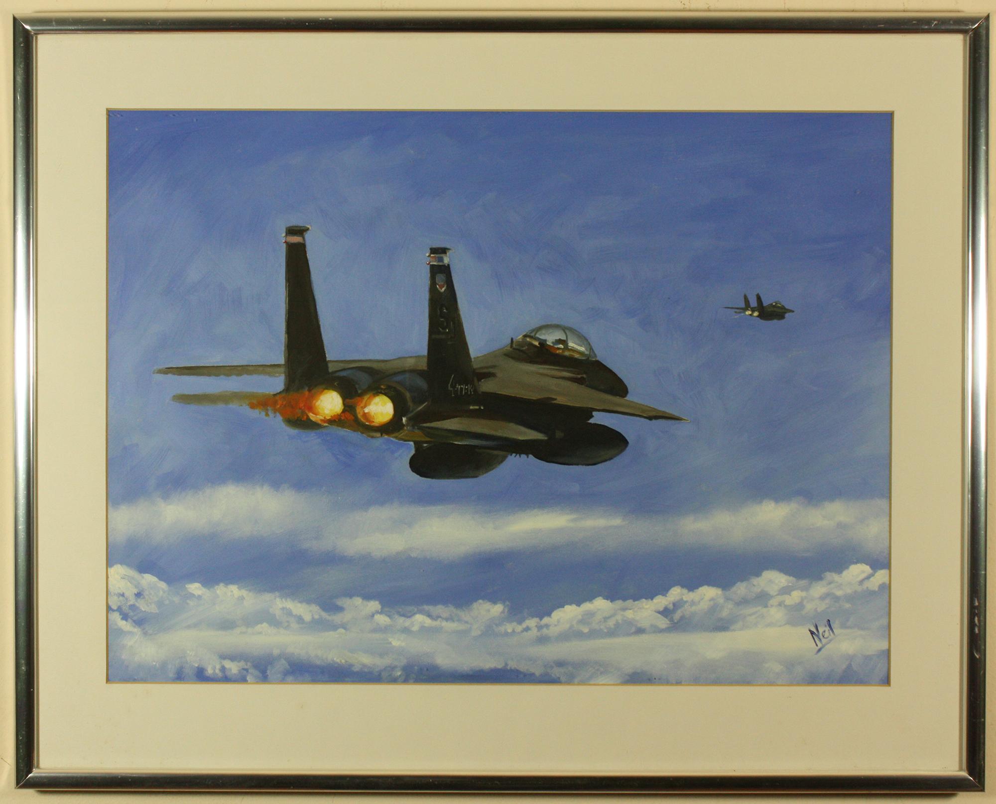 McDonnell Douglas F15 Strike Eagle by Neil Lenard
Acrylic on Paper
Image Size  14.5 ins by 20 ins
Overall Frame Size  20 ins by 25 ins

The F-15E Strike Eagle is a twin-engine, all weather fighter that is the backbone for the Air Force’s air