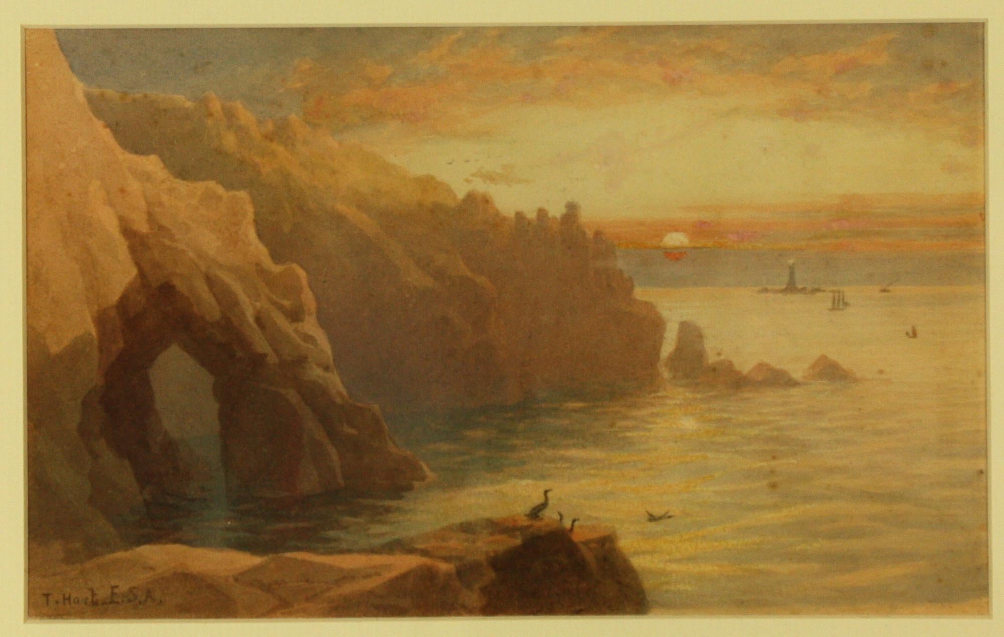 Gamper Arch, The Lands End and Longships Lighthouse by Thomas Hart FSA
Image Size 6.75 ins by 10.75 ins
Overall Frame Size  14 ins by 18.25 ins

Thomas Hart 
Born 1830 Crowan Cornwall, Died 1916 The Lizard, Cornwall
Thomas was a prolific painter in