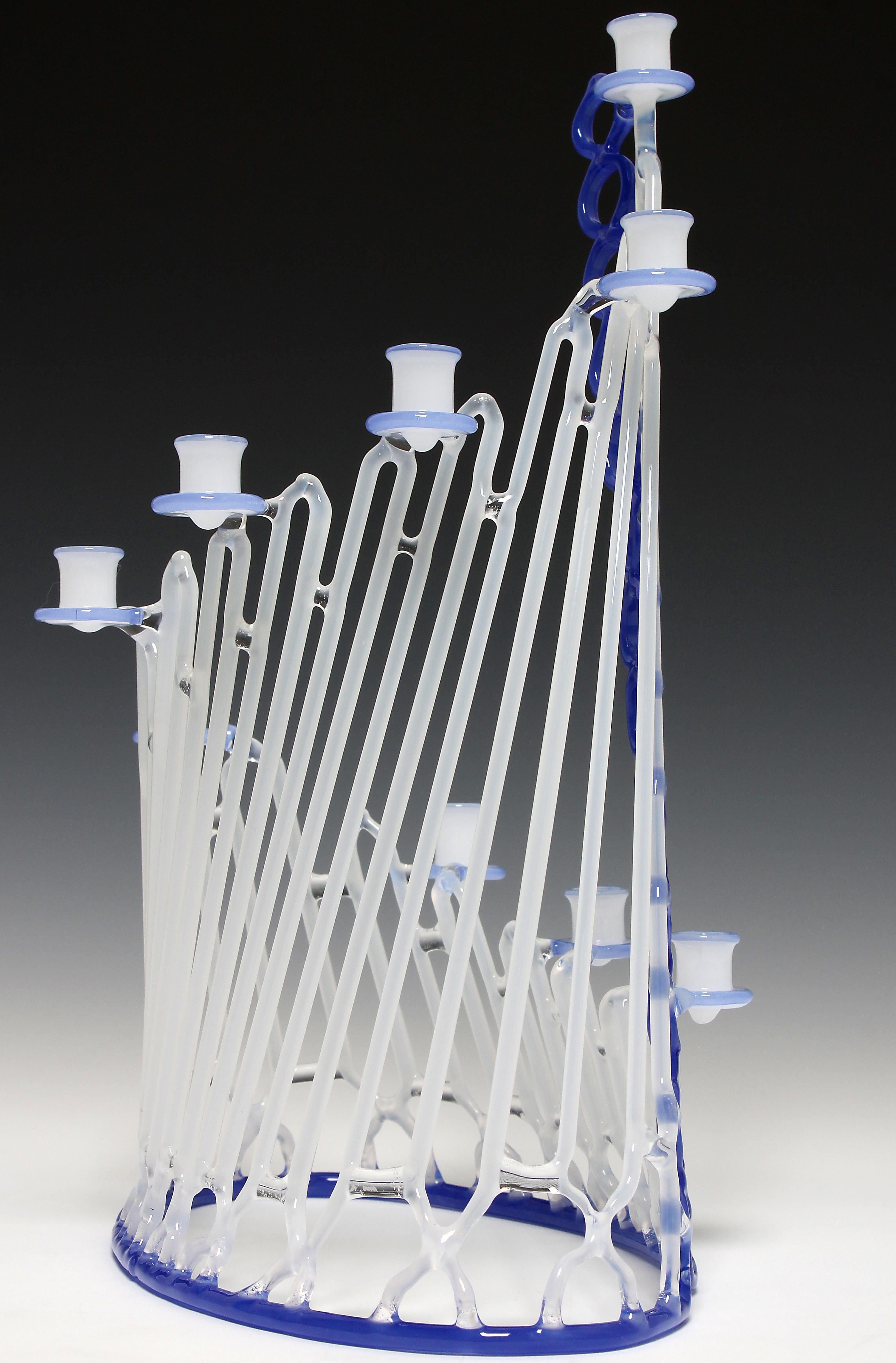 Blue & White Menorah - Sculpture by Micah Evans