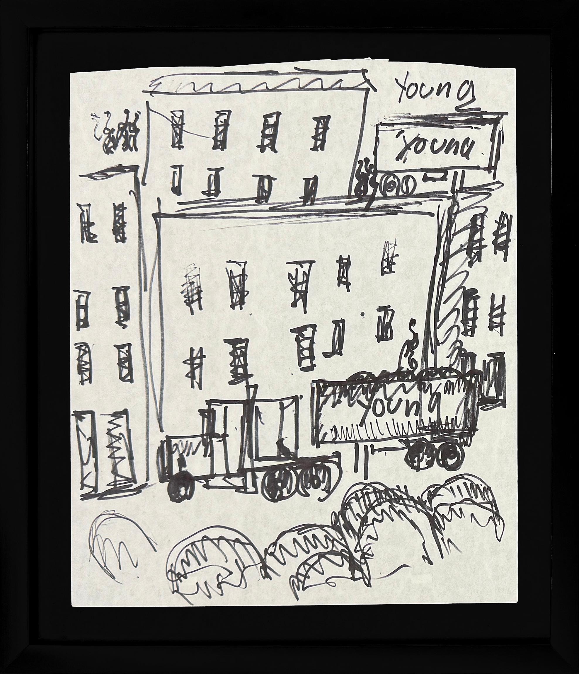 Purvis Young Figurative Art - Young on the Block (framed original drawing on paper)