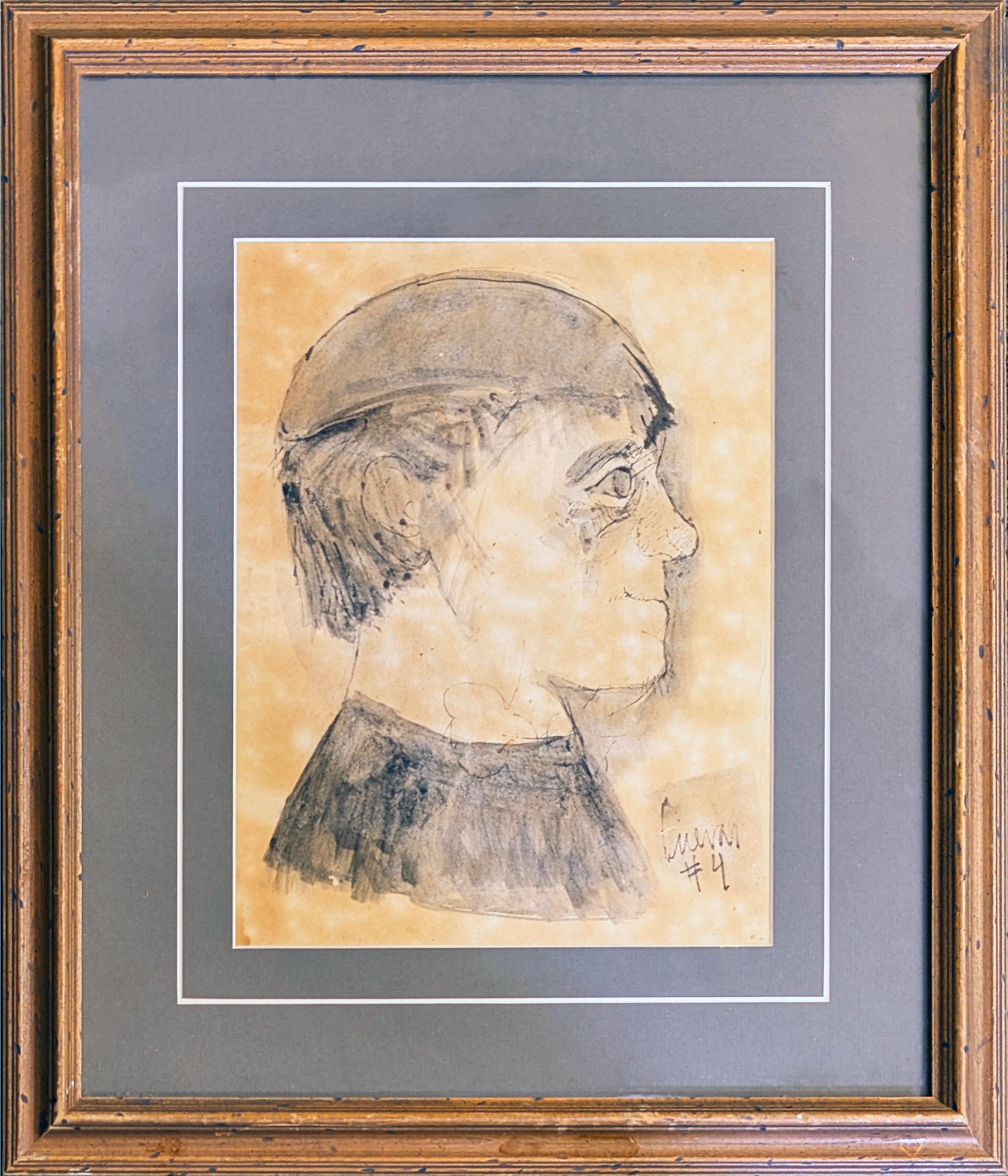 Sans titre (Portrait), dessin original sur papier, signé à la main, encadré, 21 x 18 pouces
