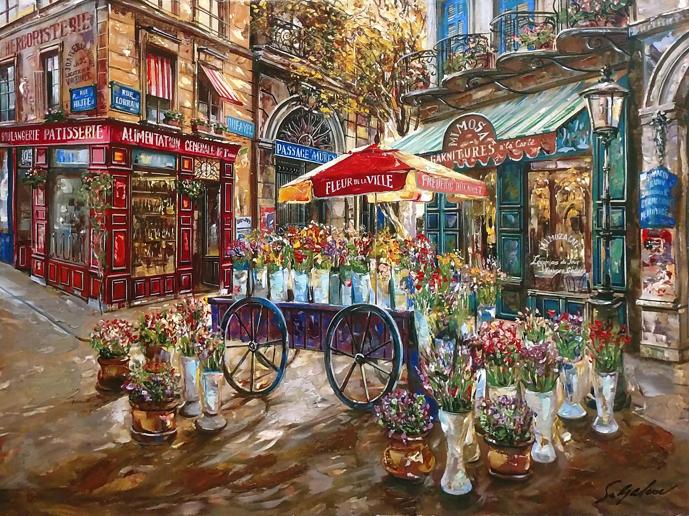 Vadik Suljakov Landscape Print - CAFE MIMOSA (HAND EMBELLISHED)