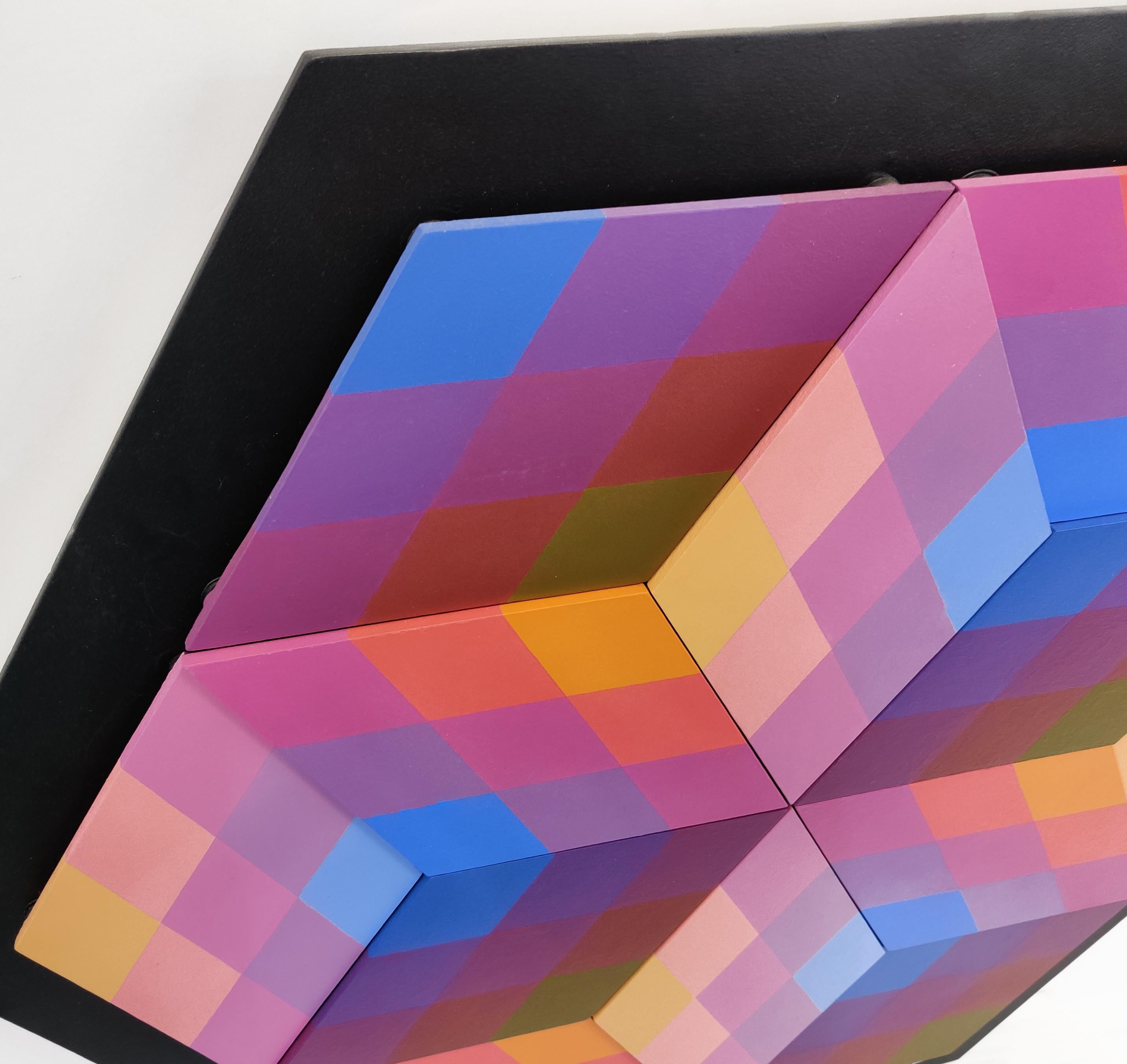 CUBED (PIÈCES DIMENSIONNELLES DE BIEN AVEC MAGNETS) - Op Art Painting par Stan Slutsky