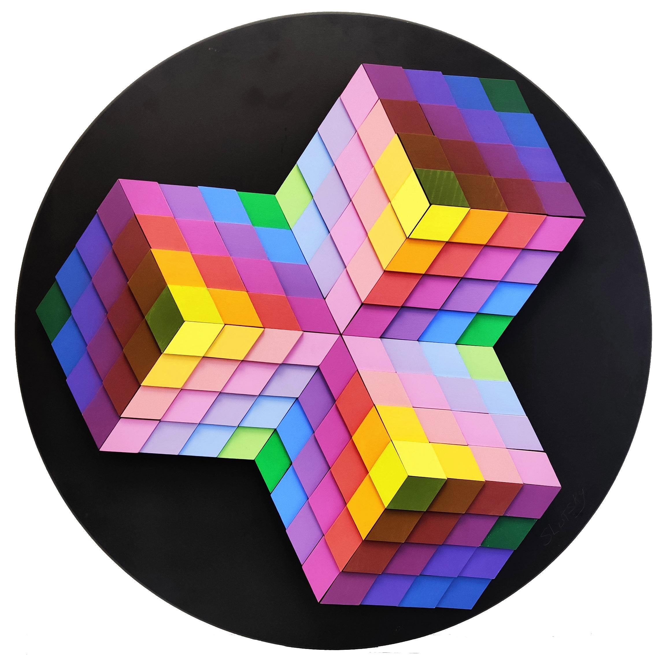 Stan Slutsky Abstract Painting - CUBED STAR (DIMENSIONAL PIECES OF WOOD WITH MAGNETS)