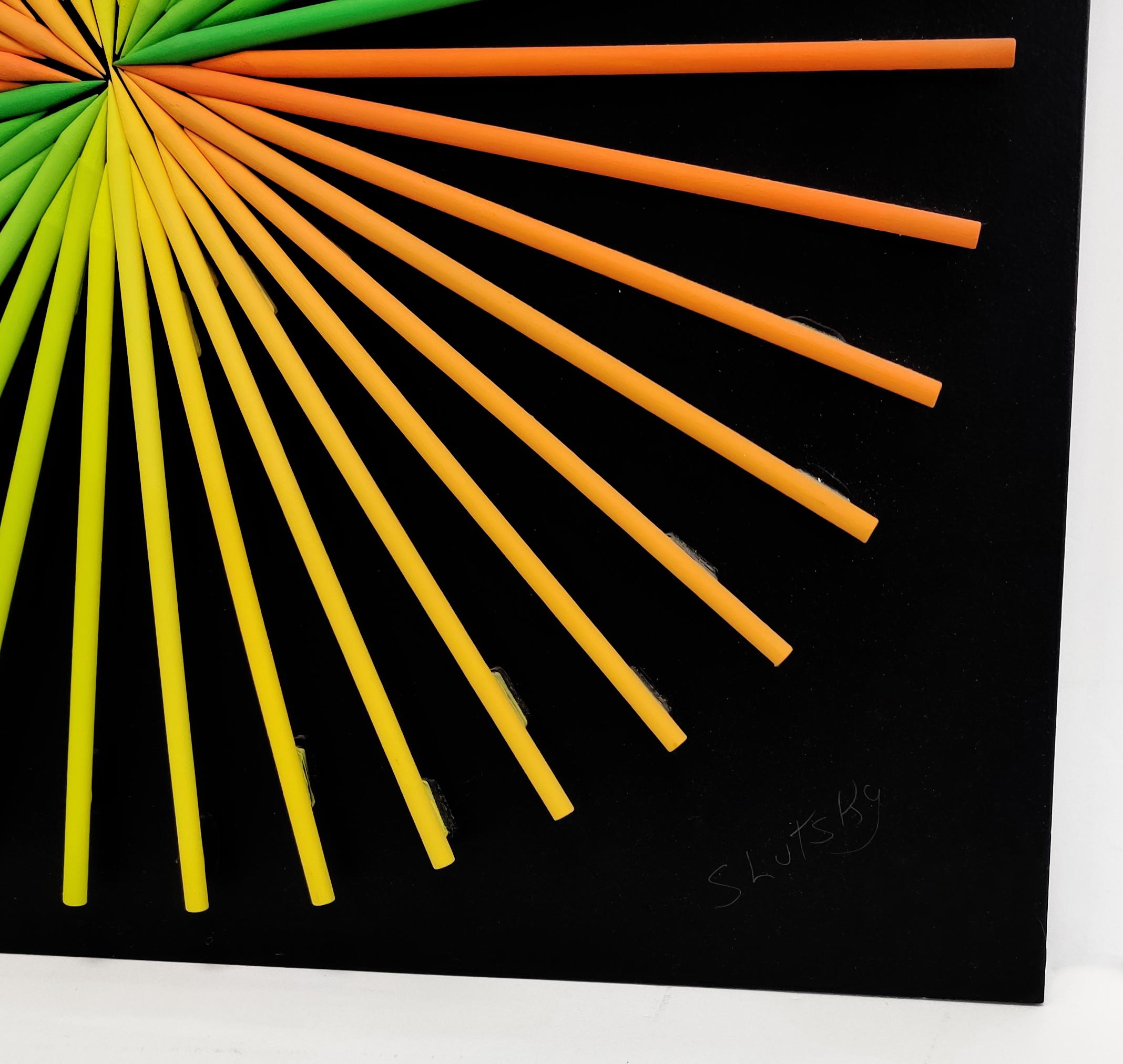 SUNBURST (Dimensional PIECES OF WOOD WITH MAGNETS) (Op-Art), Mixed Media Art, von Stan Slutsky