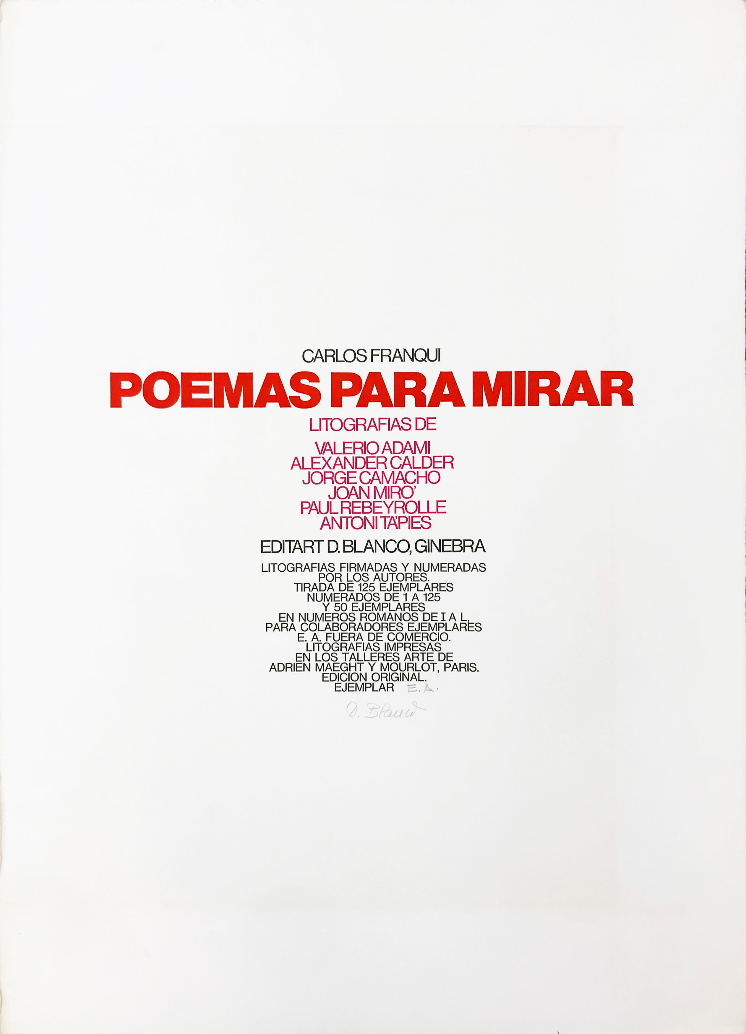 POEMAS para MIRAR PORTFOLIO (ADAMI CALDER CAMACHO MIRO REBEYROLLE TAPIES) (Weiß), Figurative Print, von Carlos Franqui 