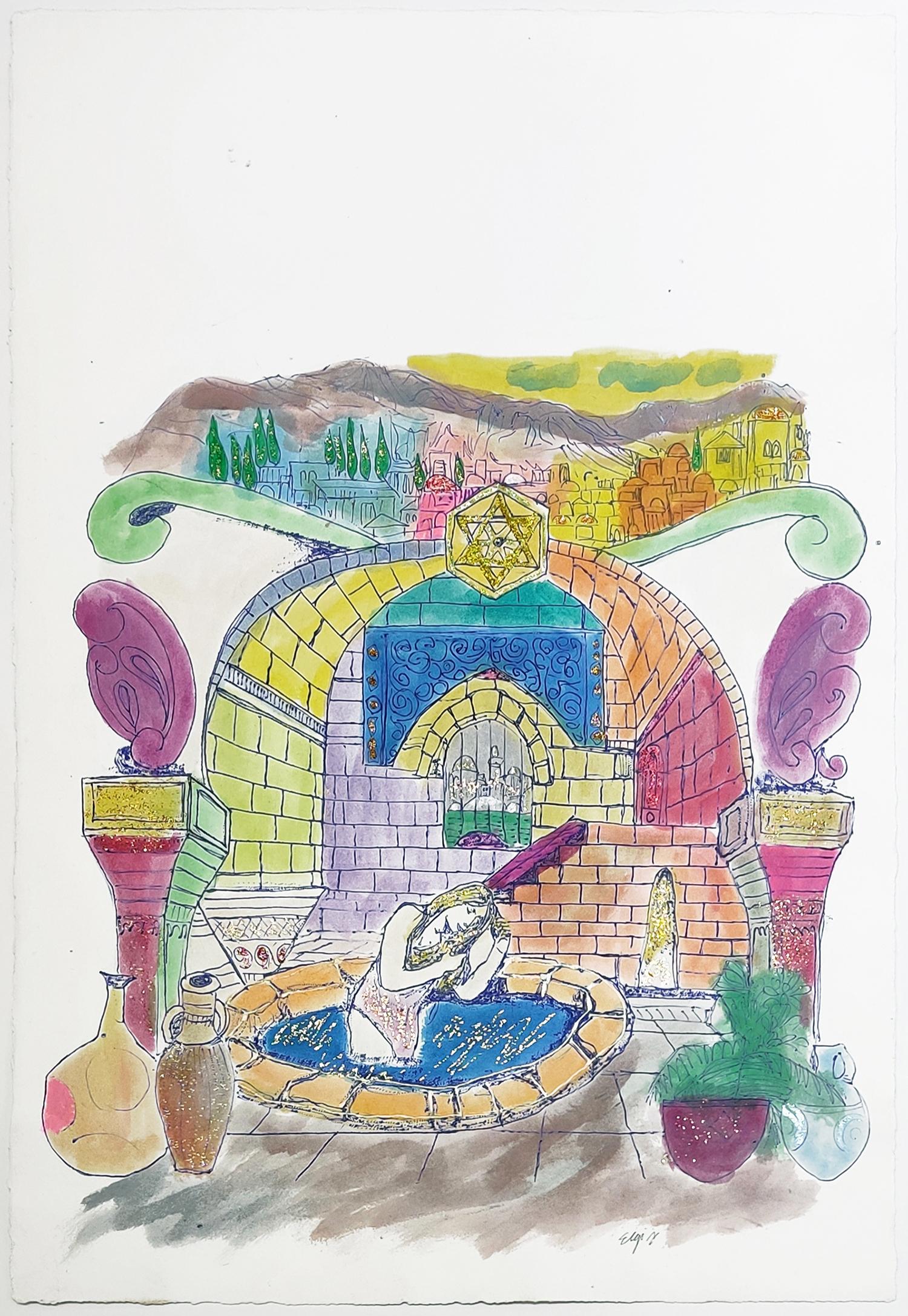 Figurative Art de Amram Ebgi - MUJER EN LA PISCINA (ARTE JUDAICO)