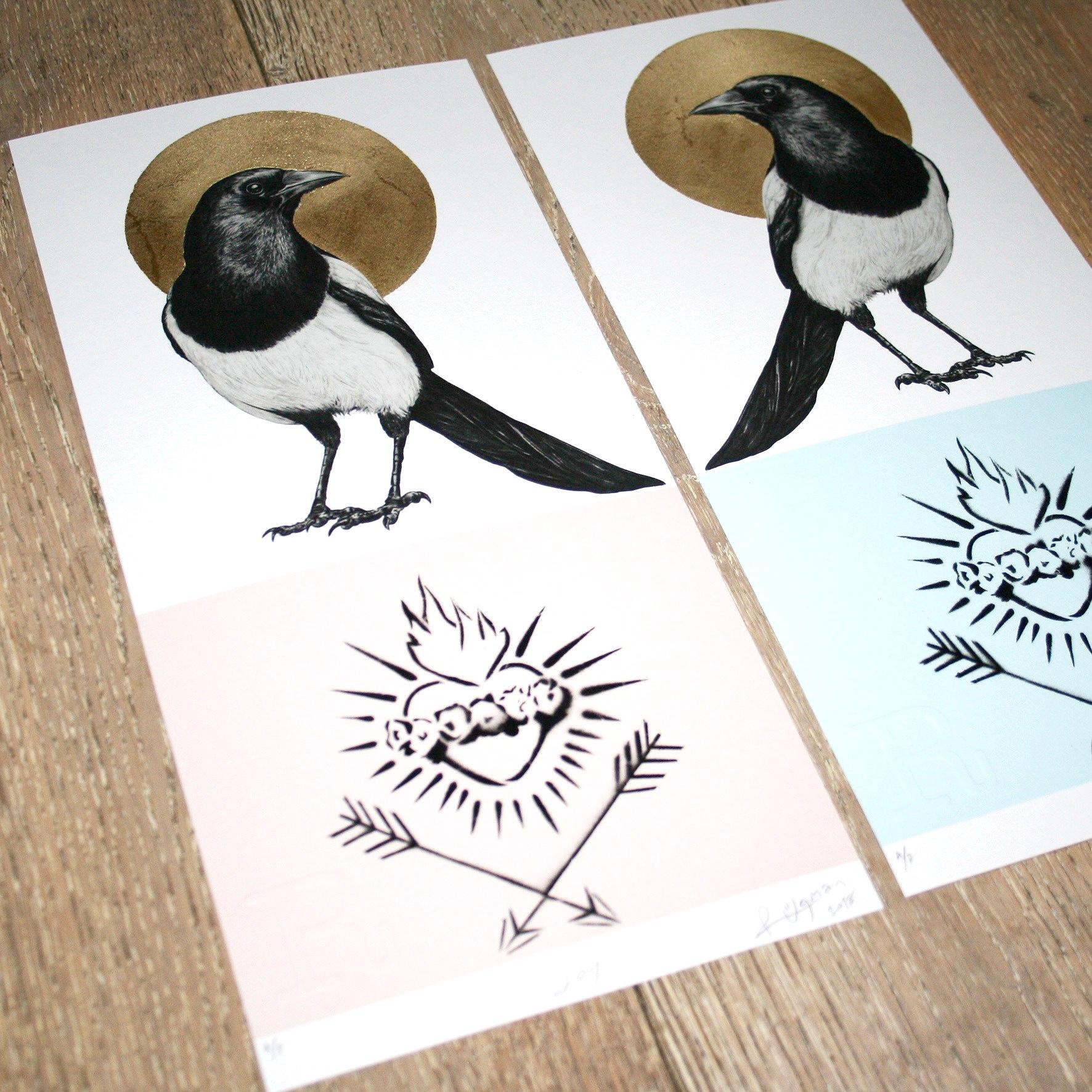 Stunning artwork by Anthony McEwan. JOY - Magpies. You will receive two prints 35cm x 16cm as seen in main image (2 x Blue). You can choose between a mix, Blue (For Boy) & Pink (For Girl) or two Blue for Boy/Boy or two Pink for Girl/Girl. The piece
