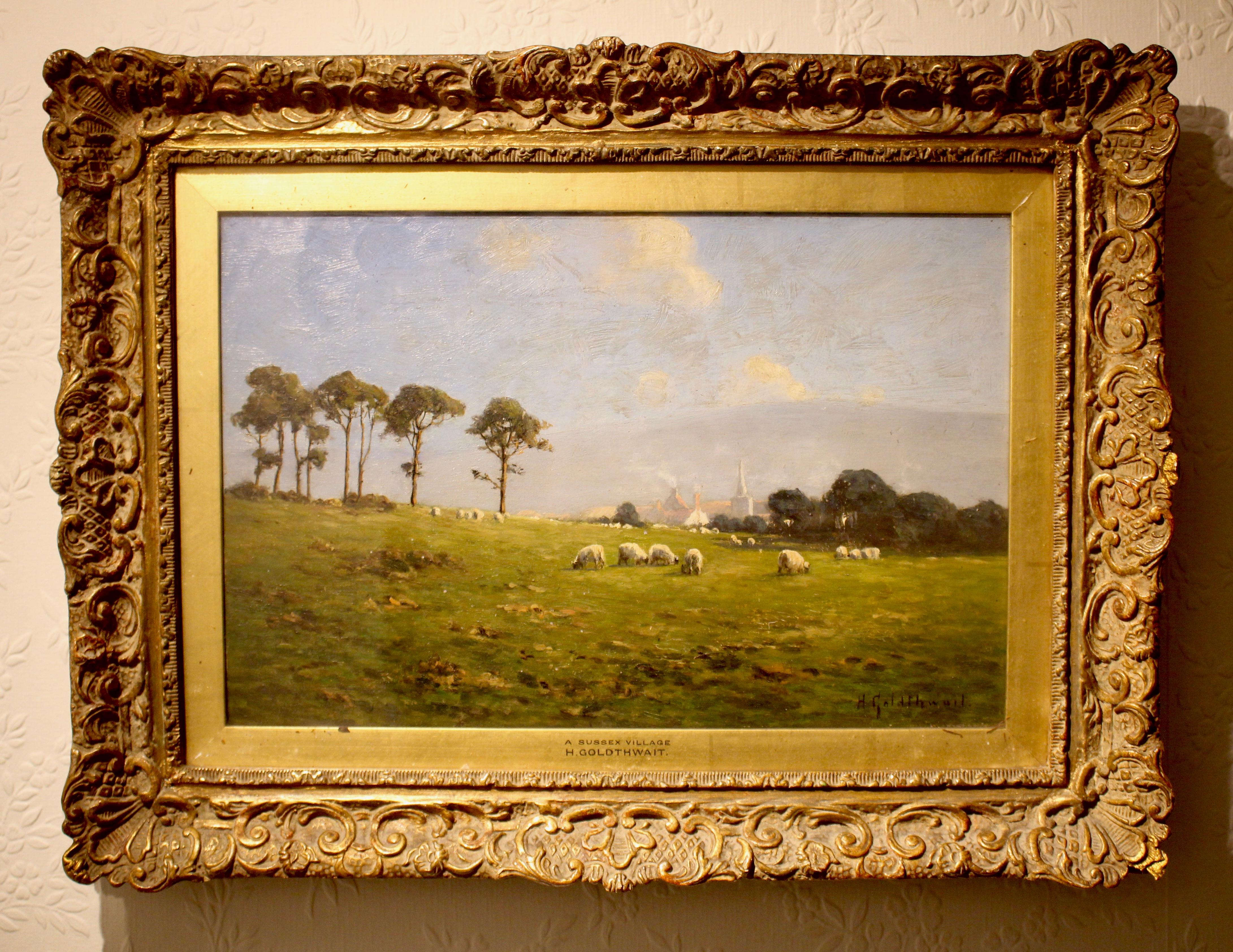 Village du Sussex - Marron Landscape Painting par Harold Goldthwait