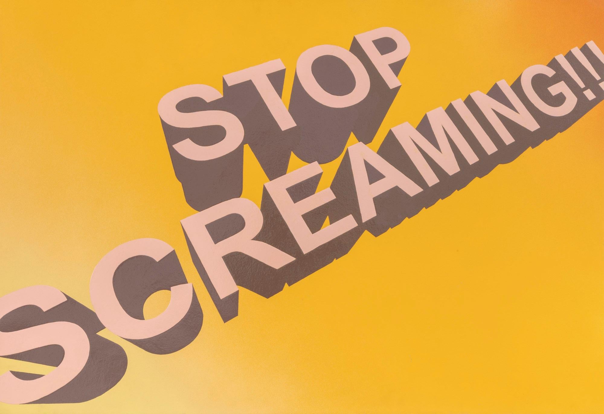 Untitled (Stop Screaming!!!), 2018 is a unique contemporary textual painting on paper. The artist first creates a unique background atmosphere with matte spray paint and then meticulously hand-paints text in his material of choice, nail