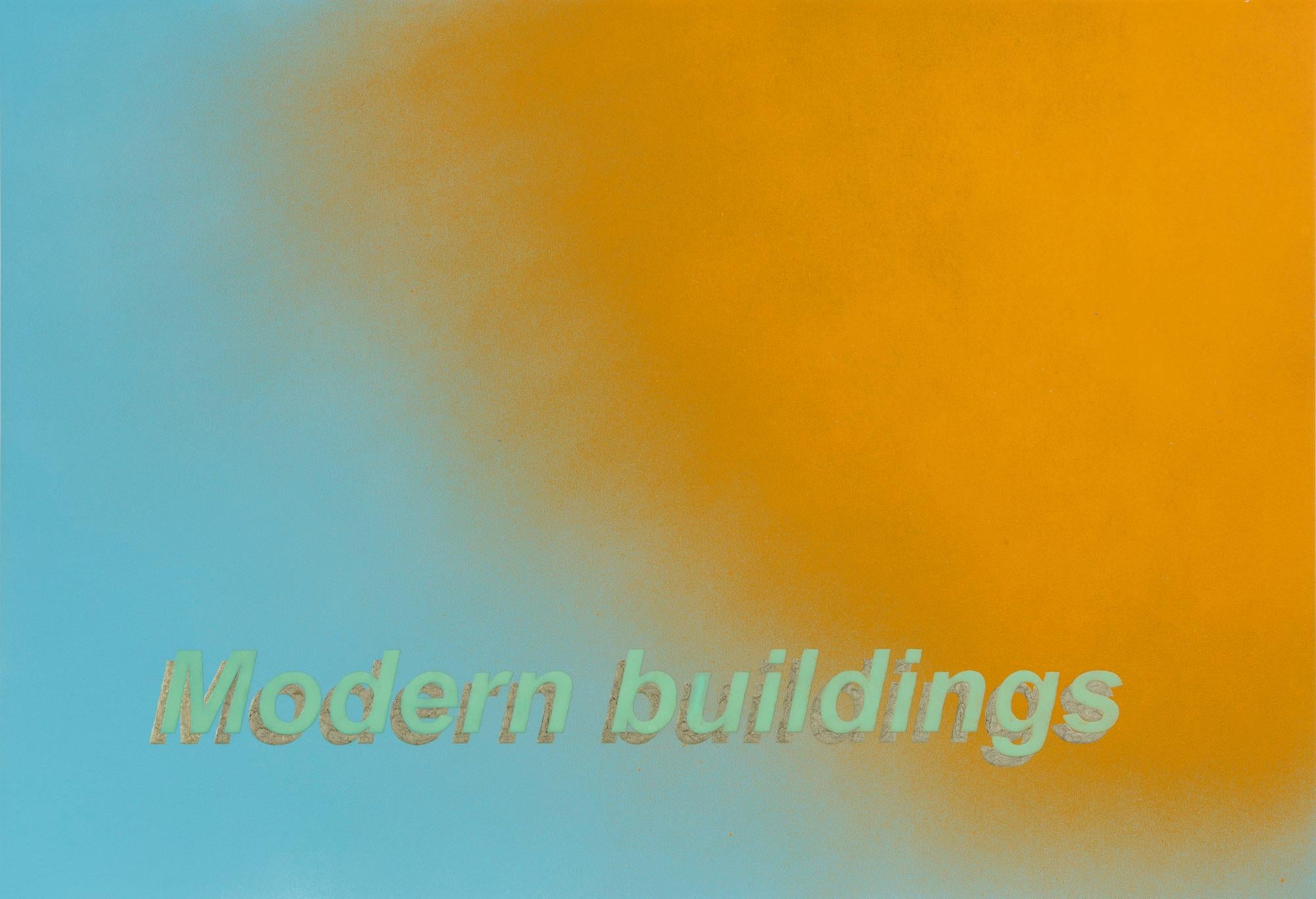 Untitled (Modern buildings), 2018 is a unique contemporary textual painting on paper. The artist first creates a unique background atmosphere with matte spray paint and then meticulously hand-paints text in his material of choice, nail