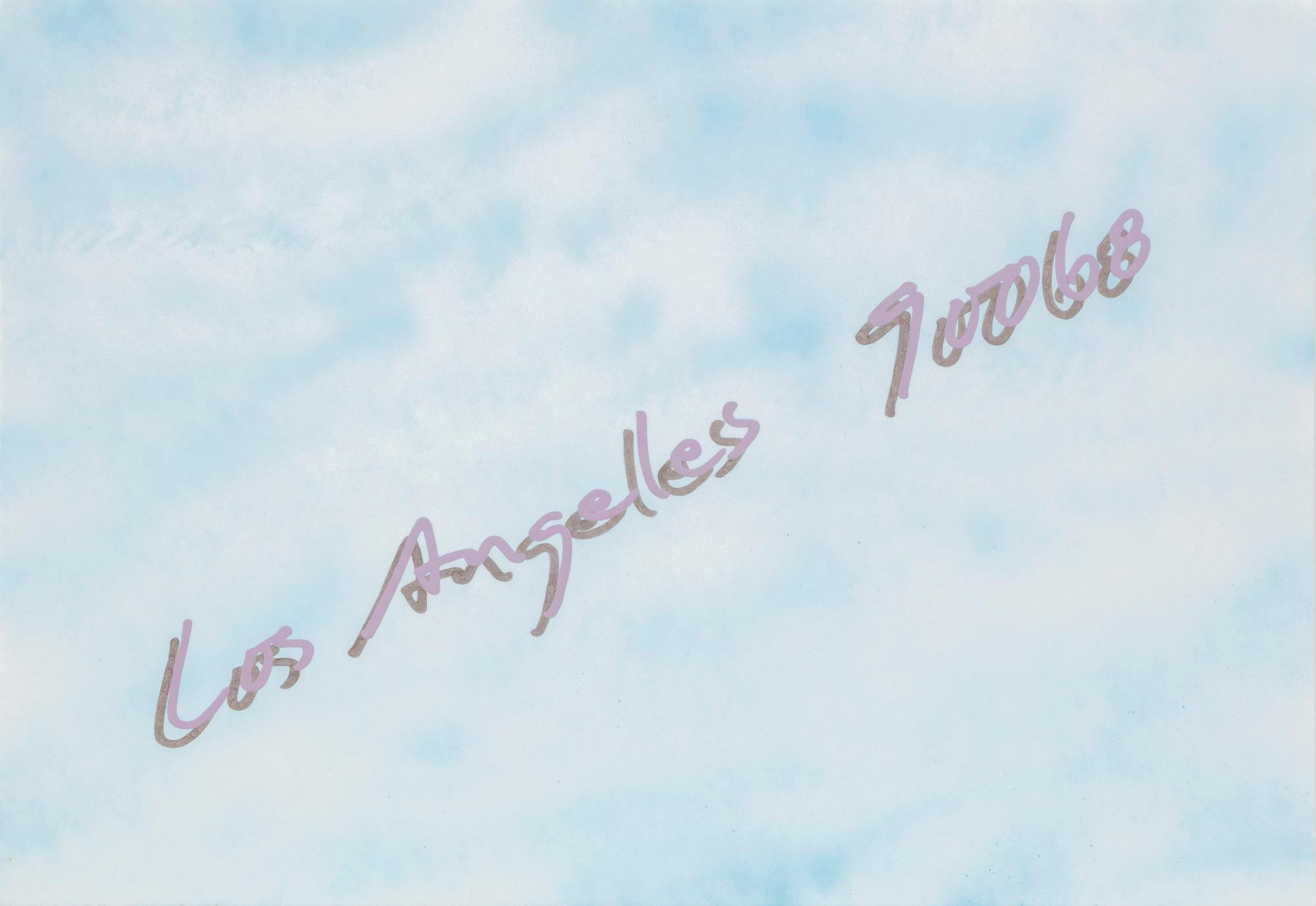 Untitled (Los Angeles 90068), 2018 is a unique contemporary textual painting on paper. The artist first creates a unique background atmosphere with matte spray paint and then meticulously hand-paints text in his material of choice, nail