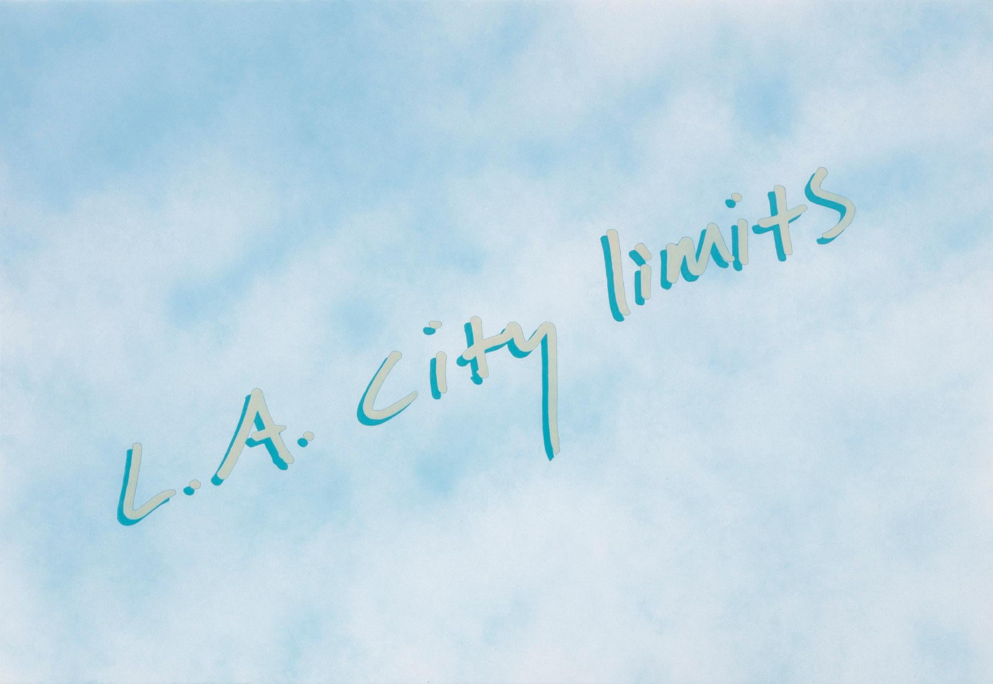 Untitled (L.A. city limits), 2017 is a unique contemporary textual painting on paper. The artist first creates a unique background atmosphere with matte spray paint and then meticulously hand-paints text in his material of choice, nail