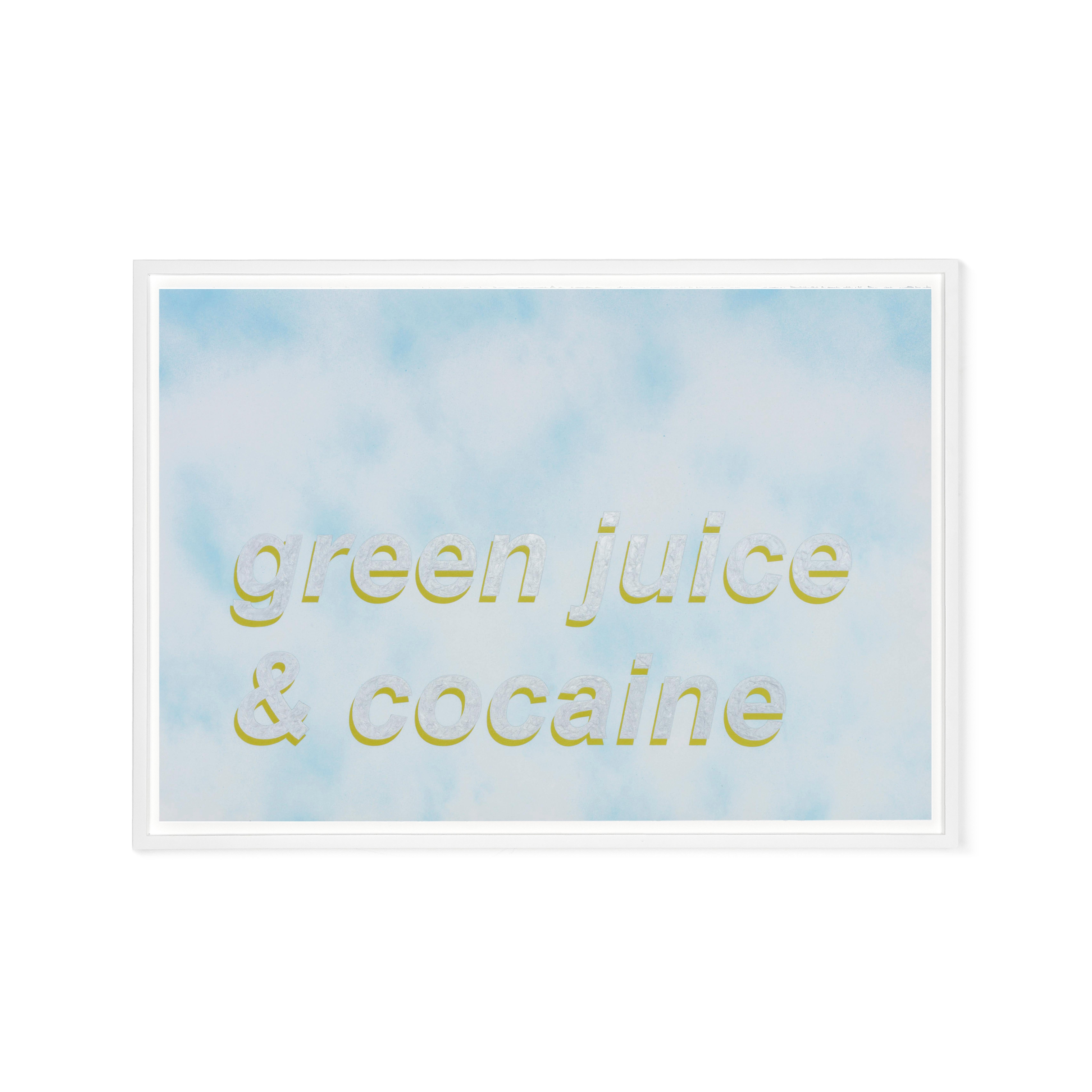 Untitled (green juice & cocaine), 2017 is a unique contemporary textual painting on paper. The artist first creates a unique background atmosphere with matte spray paint and then meticulously hand-paints text in his material of choice, nail