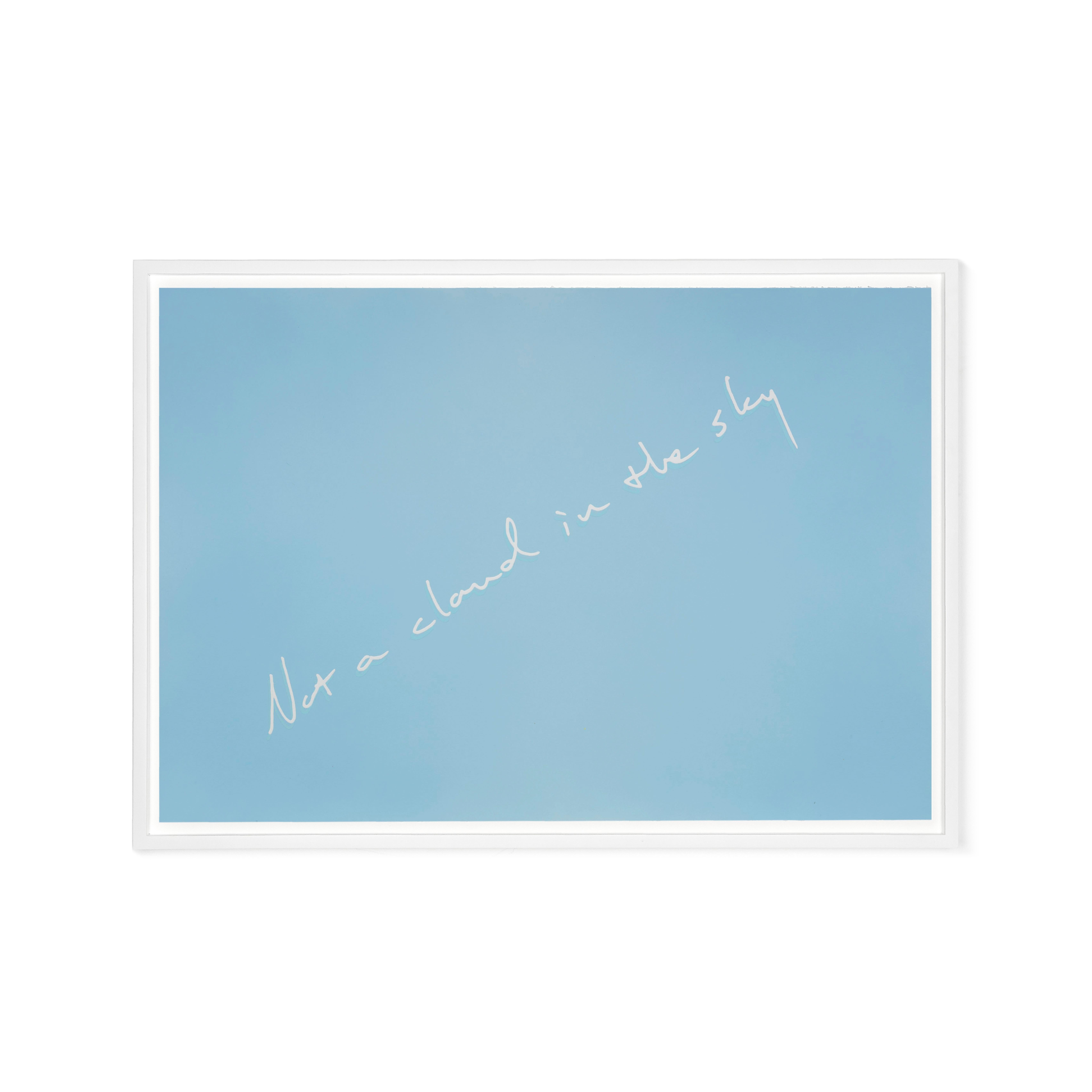 Untitled (Not a cloud in the sky), 2018 is a unique contemporary textual painting on paper. The artist first creates a unique background atmosphere with matte spray paint and then meticulously hand-paints text in his material of choice, nail