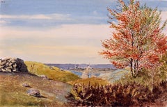 Antique 19th Century Watercolor, View of Lyme, Connecticut, 1863