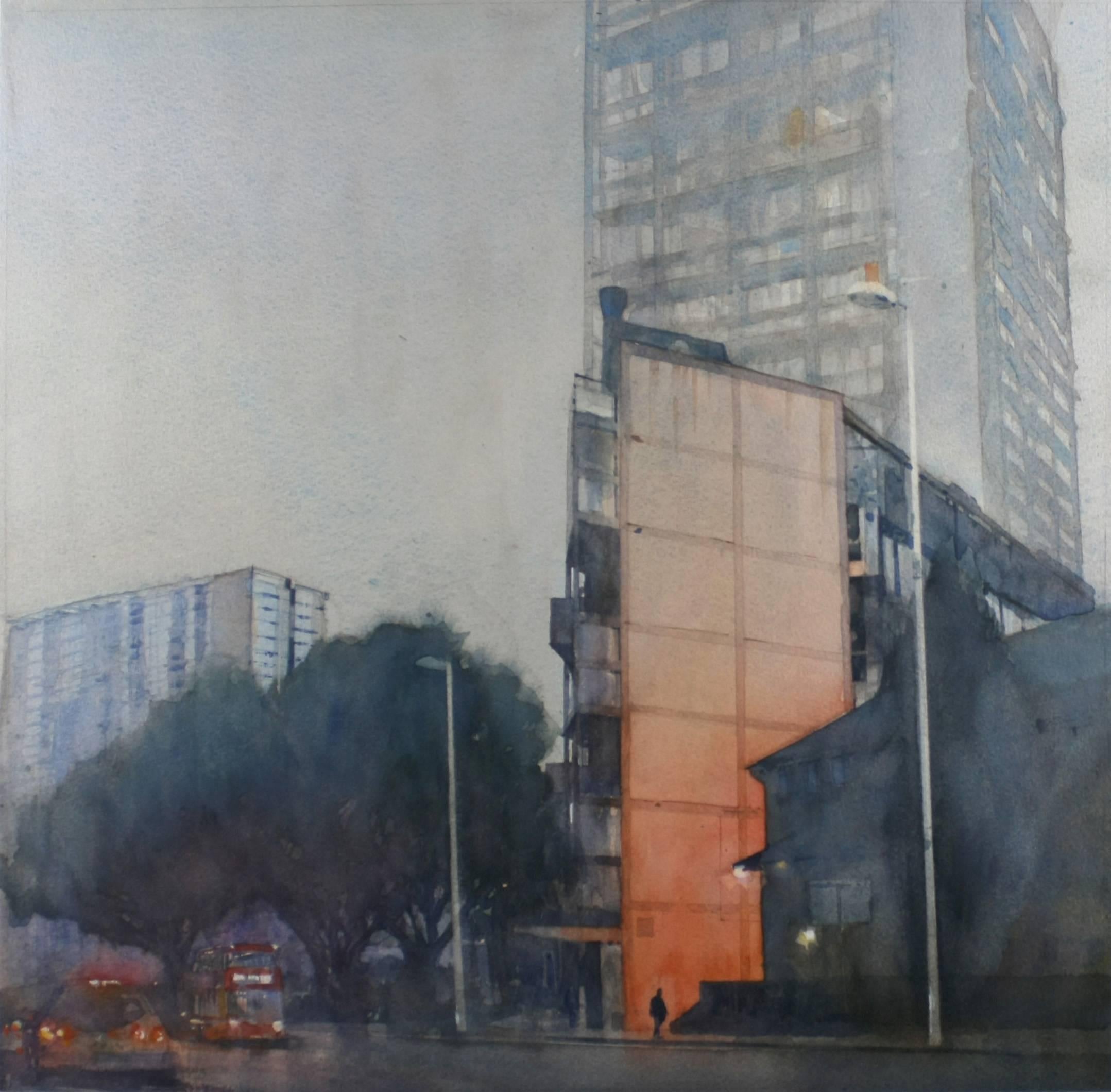 David Walker Landscape Art - Morning Light - illustrative cityscape tower architecture watercolour on paper