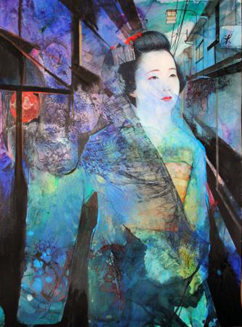 Stephan and Lorna Kirin Abstract Drawing - Maiko, Gion Corner -contemporary blue and black portrait ink and watercolor