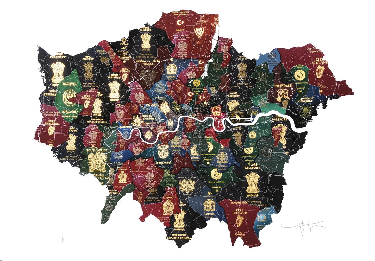 London Passport Map -contemporary multi passport London with gold digital print - Mixed Media Art by Yanko Tihov