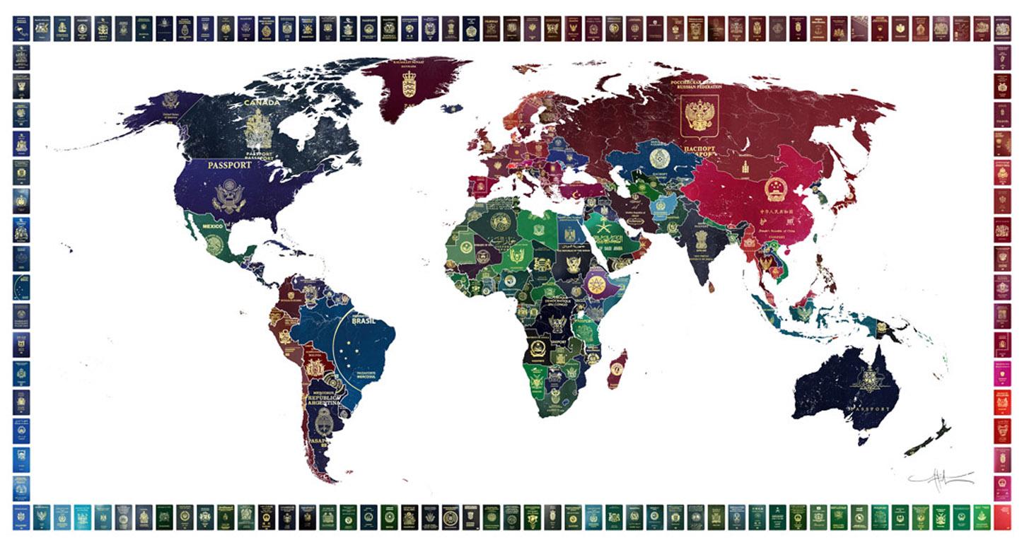 World Passport Map  - contemporary multi passport world with gold digital print - Mixed Media Art by Yanko Tihov