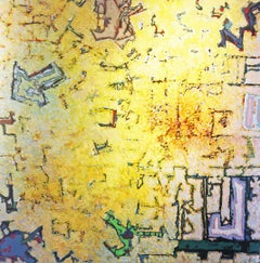 Traces -contemporary abstract textured bright yellow mixed media painting canvas