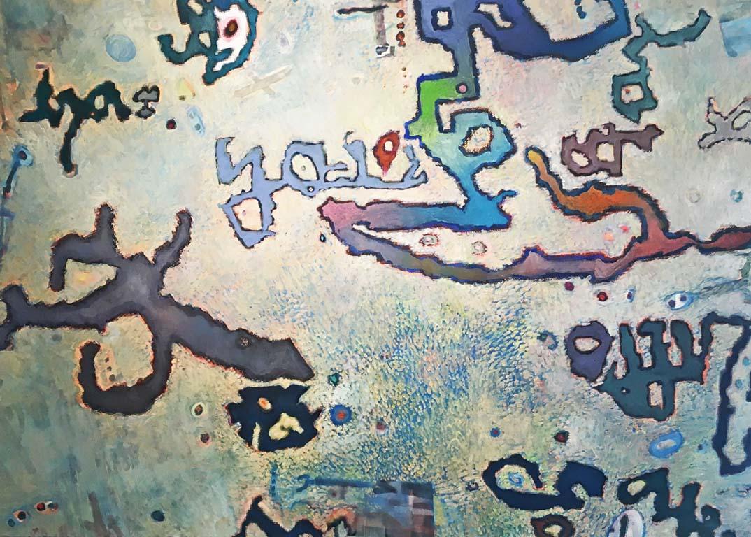 Wortspiel – zeitgenössisches farbenfrohes abstraktes Gemälde in Mischtechnik auf Leinwand