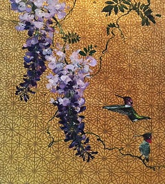 Oro 25 - collaborative work, decorative mixed media with gold, birds and flowers