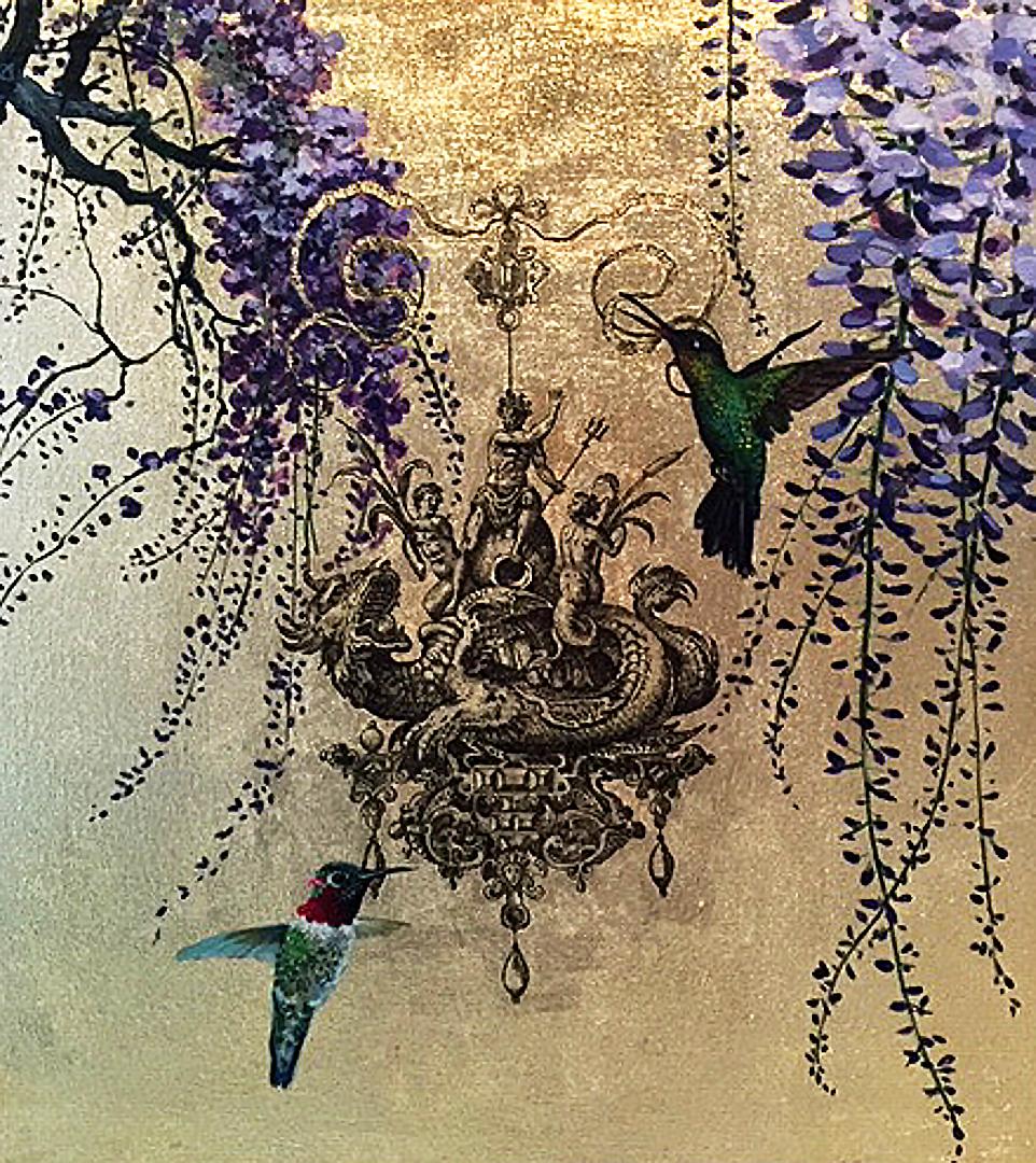Oro 29 - collaborative work, decorative mixed media with gold, birds and flowers - Mixed Media Art by Keng Wai Lee & Marco Araldi