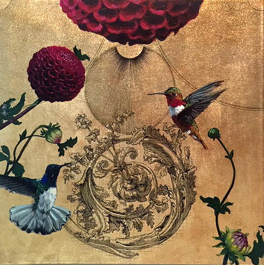 Oro 27 - collaborative work, decorative mixed media with gold, birds and flowers - Mixed Media Art by Keng Wai Lee & Marco Araldi