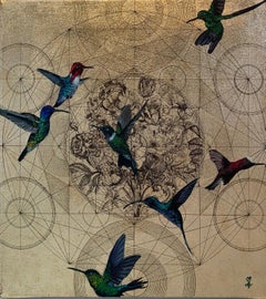 Oro 35 - travail de collaboration, techniques mixtes décoratives avec or, oiseaux et fleurs