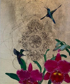 Oro 39 - collaborative work, decorative mixed media with gold, birds and flowers