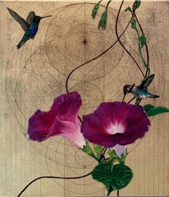 Oro 43 - collaborative work, decorative mixed media with gold, birds and flowers