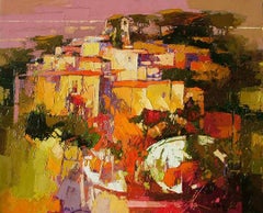 Paysage italien contemporain de l'été, peinture à l'huile épaisse et aux couleurs vives 