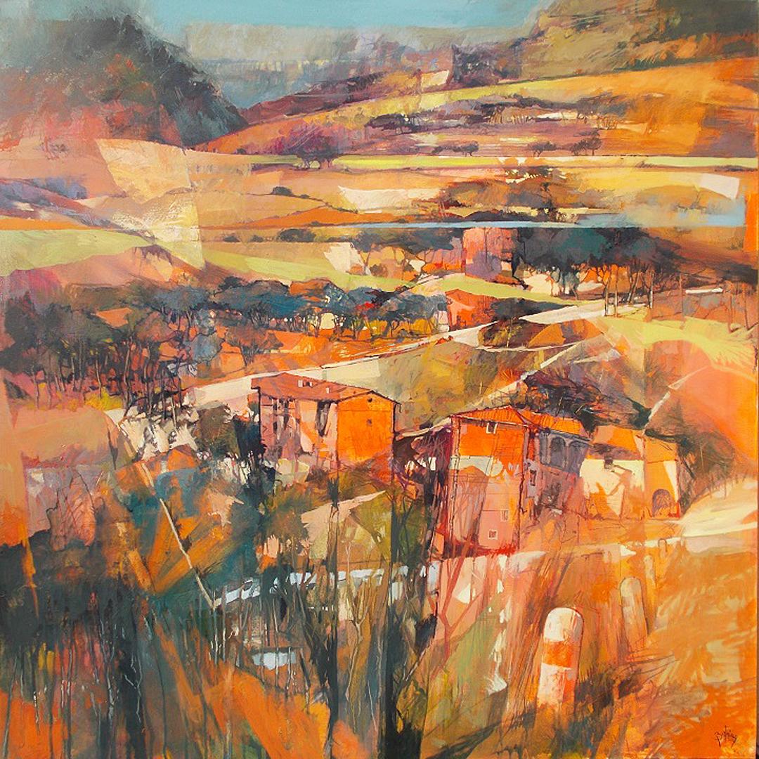 Red Bricks - peinture à l'huile italienne contemporaine de paysage orange d'été en Toscane - Painting de Alex Bertaina