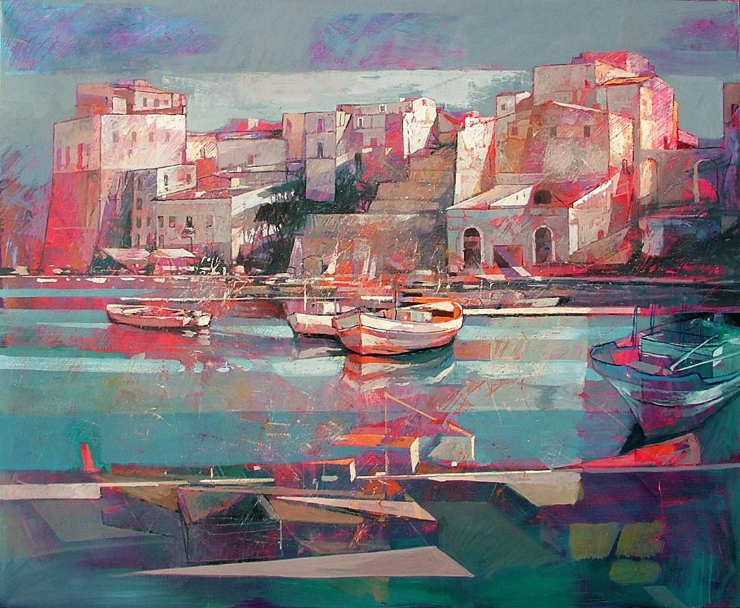 Castellamare del golfo, Sicily - contemporary Italian landscape seaside boats - Painting by Alex Bertaina