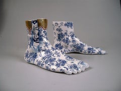Feet - contemporary ceramic sculpture, two separate pieces, blue and gold decor