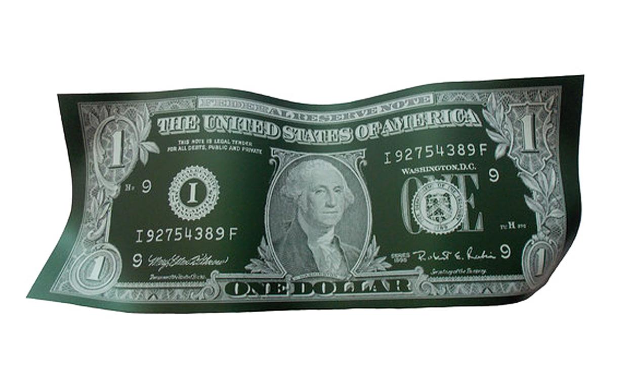 Dollar Bill Green -  engraved polished anodized aluminium sculpture - Sculpture by Karl Lagasse