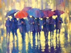 The Huddle - contemporary impressionism rain umbrella figurative oil canvas