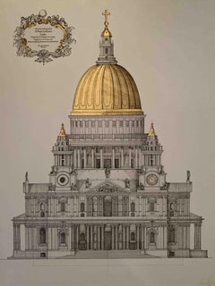 St. Paul's Cathedral Elevation - architecture front view detailed ink drawing 